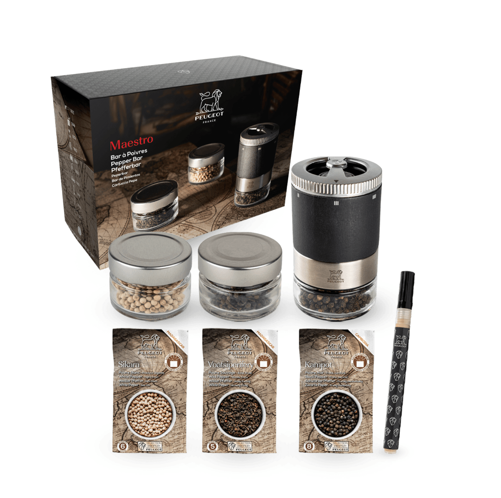 Peugeot MAESTRO Pepper Mill Set with 3 Premium Pepper Varieties - Perfect for Gourmet Cooking, Fine Dining & Kitchen Gifting