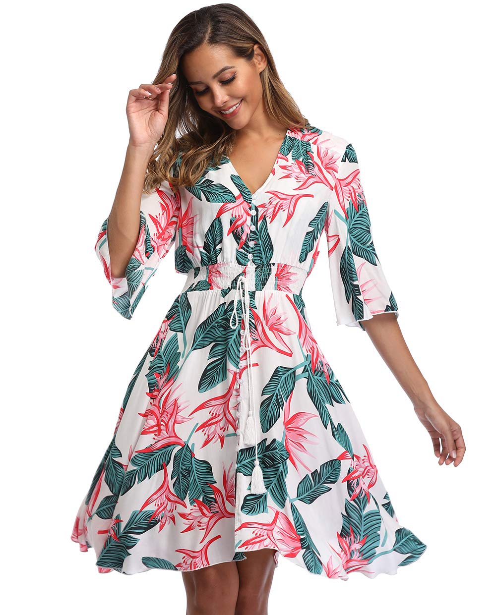 V Fashion Women's Floral Boho Button Up Dress - Summer Flowy Split Maxi Dress with Pockets for Beach Vacation, Music Festival & Boho Chic Outfits
