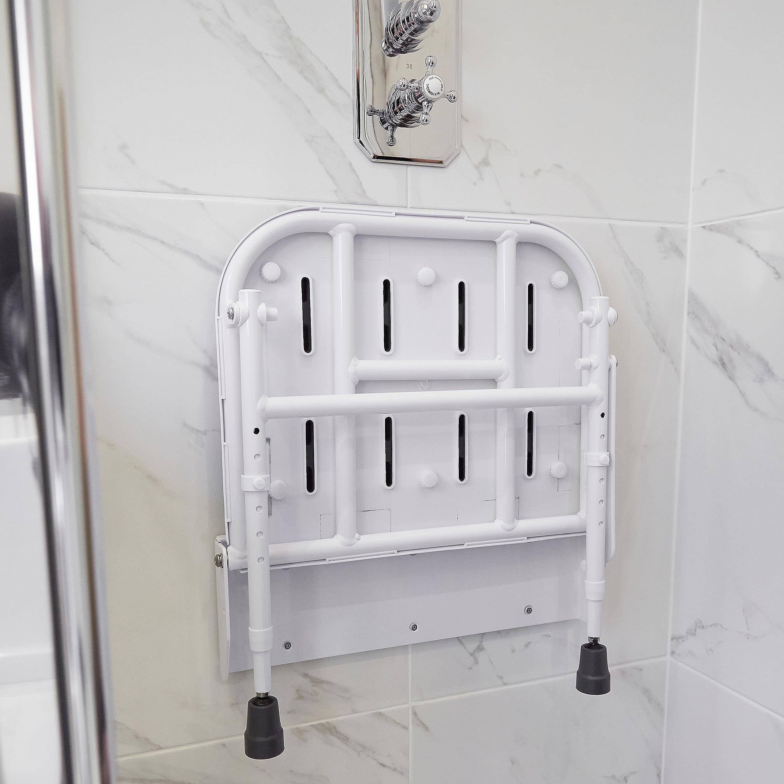 NRS Healthcare Wall Mounted Folding Shower Seat with Padded Seat & Adjustable Legs - Safe Bathroom Shower Chair for Elderly & Disabled - Ideal for Small Spaces & Home Care Use