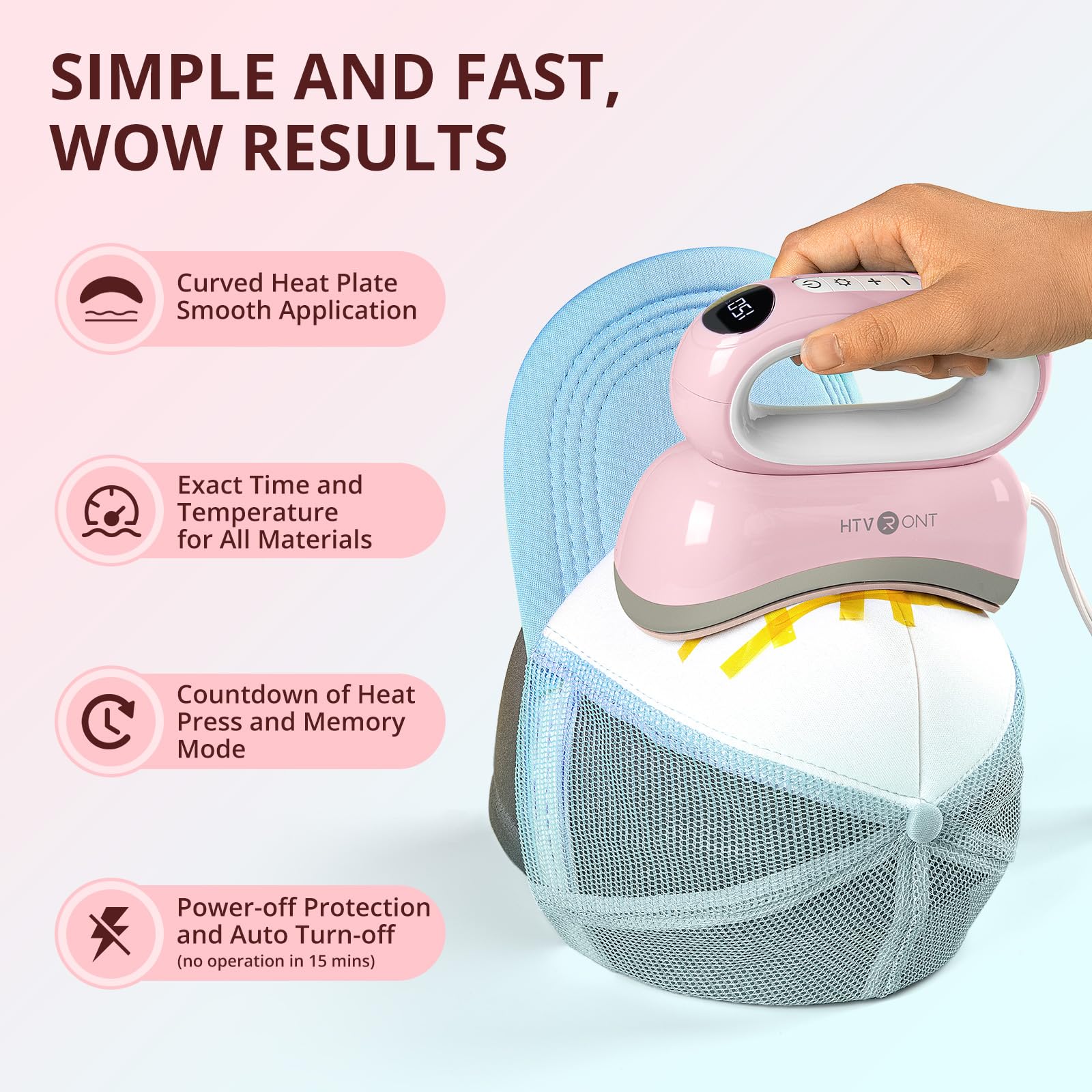 HTVRONT Hat Press Machine for Caps, Hats & Pillows - Digital Display, Adjustable Temperature & Timer - Fast, Even Heating - Portable Pink Heat Press for DIY, Embroidery & Customization - Perfect for Home, Crafting & Small Business Use