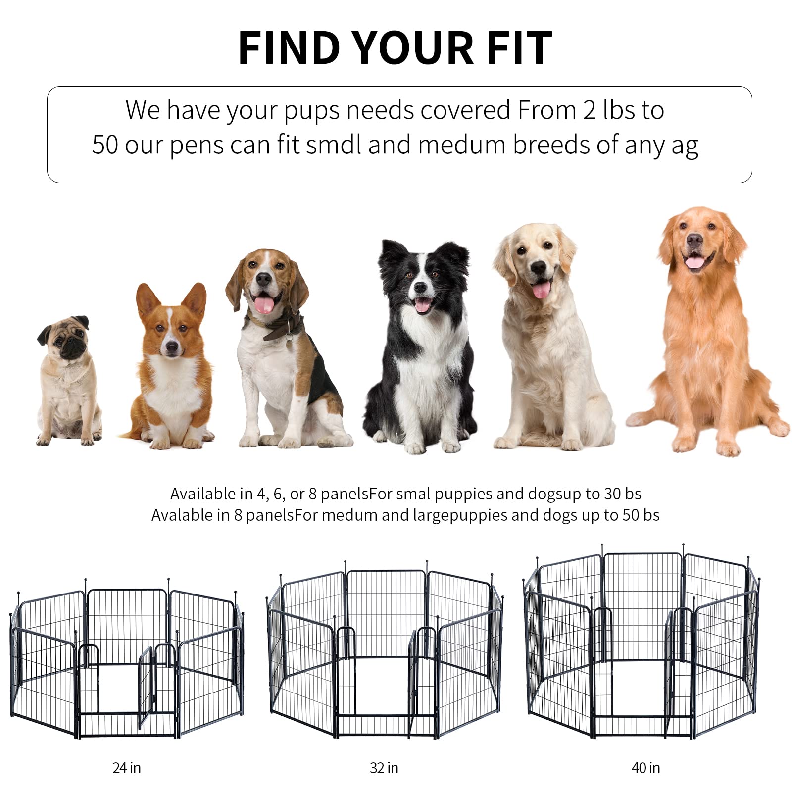 Portable 32 Inch Dog Playpen with Door - Foldable Metal Outdoor Dog Fence for Large, Medium & Small Dogs - Perfect for Backyard, Park, and Indoor Pet Play Areas (6 Panels)