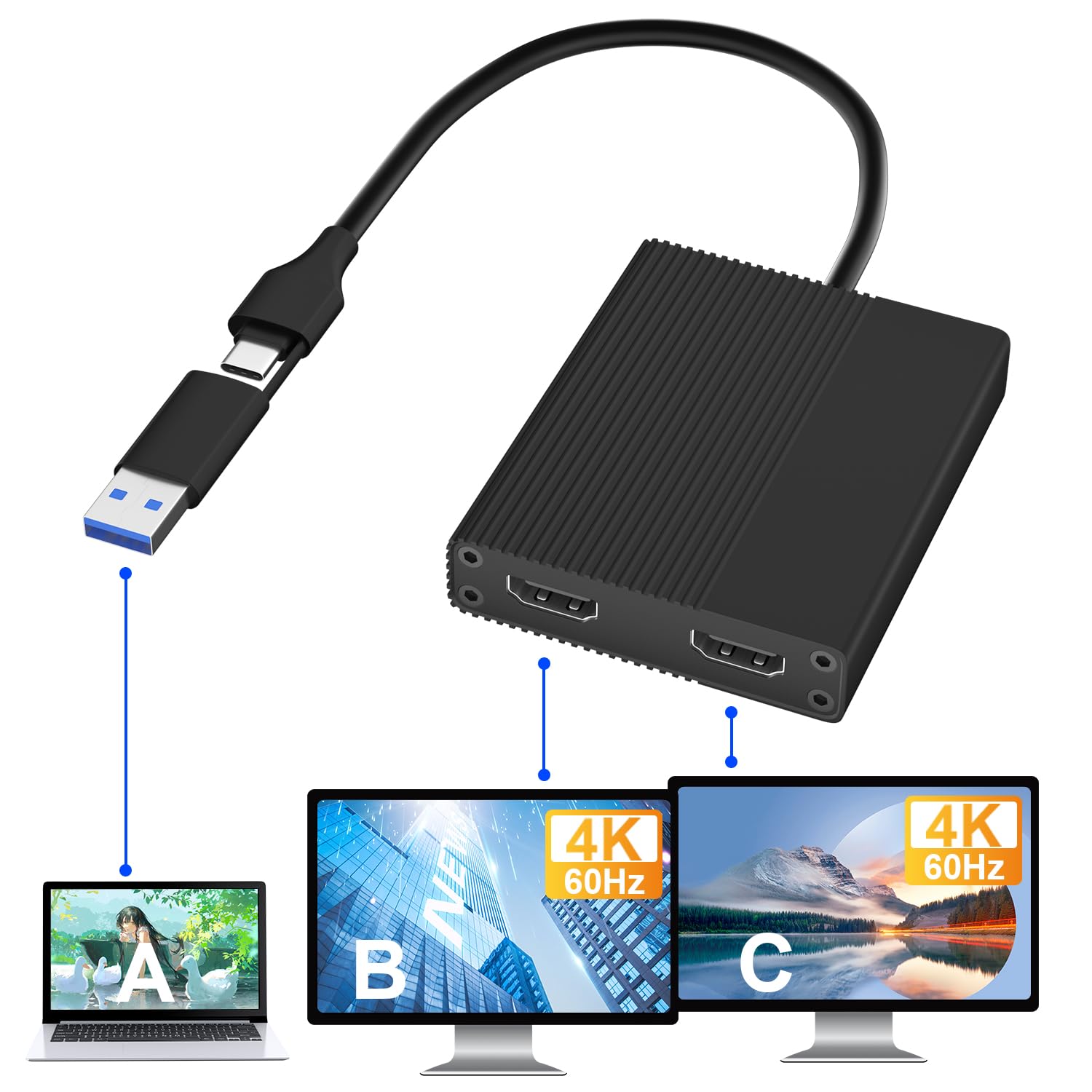 RGEEK 4K HDMI Splitter 1 in 3 Out - Dual Monitor Extender with USB 3.0/USB-C to HDMI Adapter, Supports 4K@60Hz for Windows/Mac OS M1 M2 - Perfect for Home Office, Gaming & Multi-Tasking Workstations