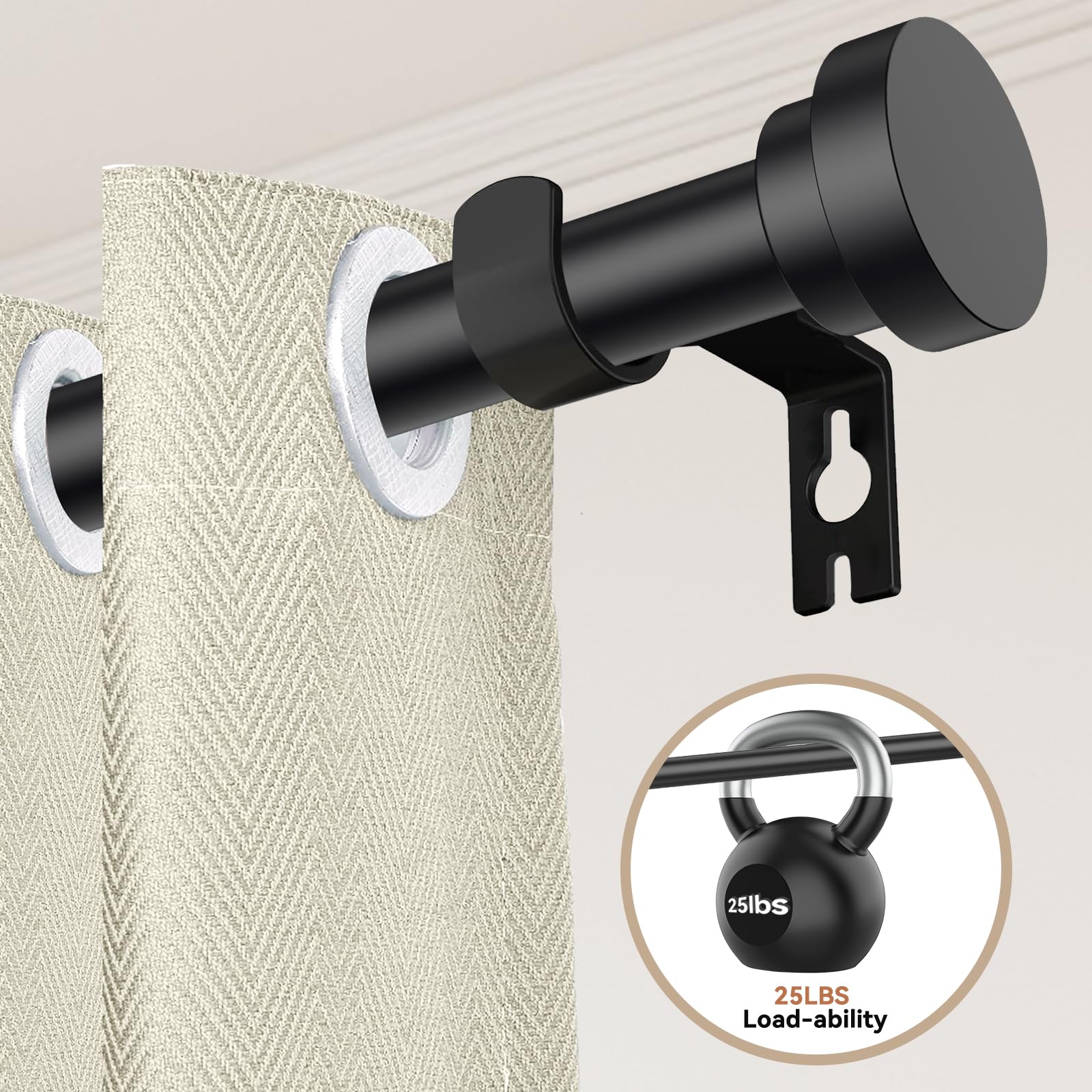 Black Curtain Rods for Windows 28-48 Inches (2.3-4ft) - 5/8 Inch Diameter Heavy Duty Metal Small Curtain Rod with Brackets - Modern Decorative Drapery Rod for Living Room, Bedroom & Office Window Treatments