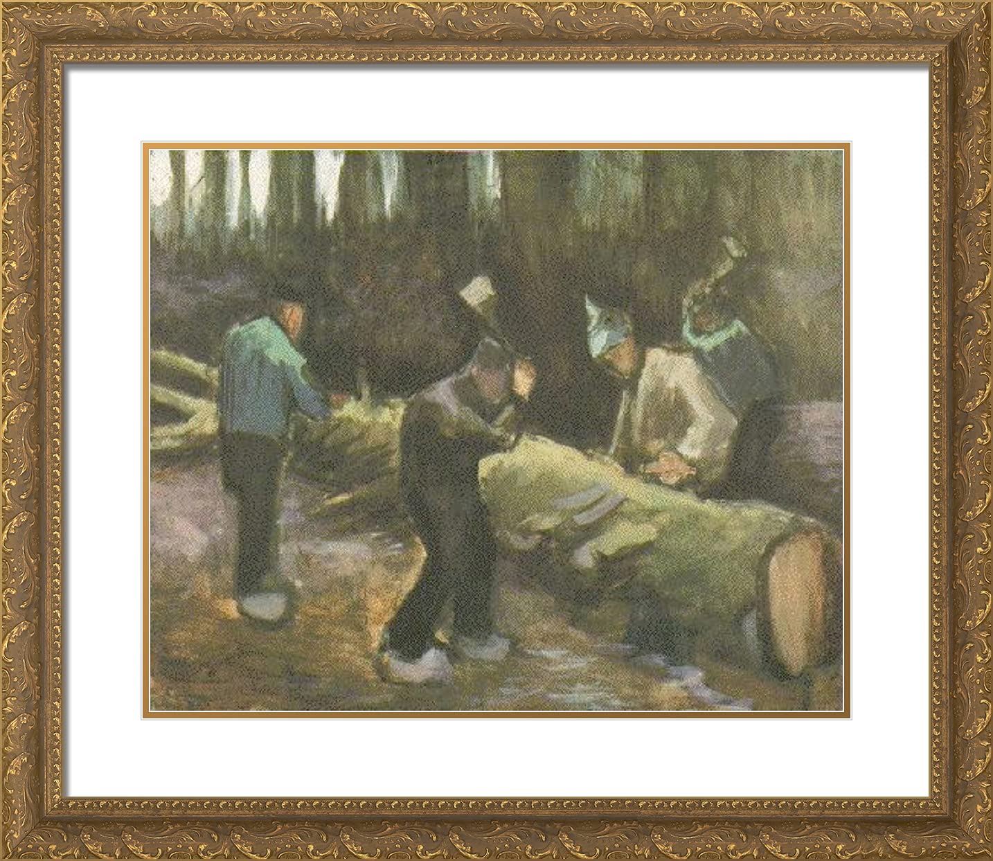 Van Gogh 'Four Men Cutting Wood' 23x20 Gold Ornate Framed Art Print with Double Matting - Perfect for Living Room, Office & Home Decor