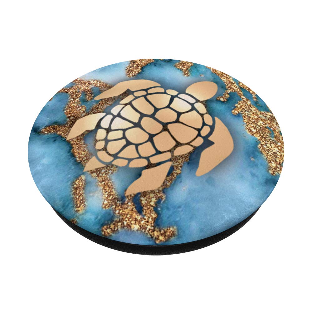 Sea Turtle Golden Grip PopSocket - Light Blue Marbled Design, Swappable Phone & Tablet Grip for Secure Hold, Perfect for Travel, Work, and Everyday Use