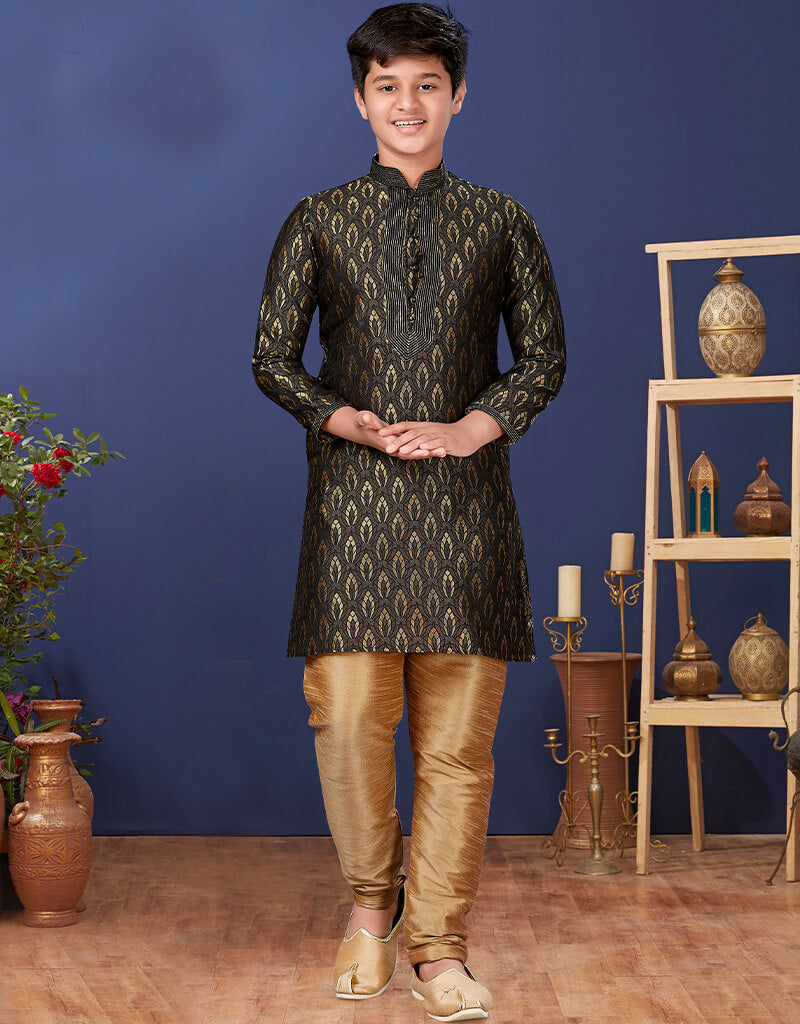 Elegant Black Kurta Pajama Set - Jacquard Silk Fabric for Men - Perfect for Festivals, Weddings & Special Occasions