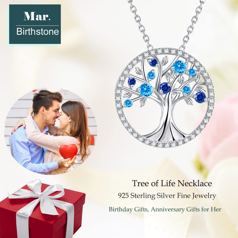 Tree of Life Pendant Necklace for Women - Sterling Silver Birthstone Jewelry with Aquamarine, Emerald & More | Spiritual Protection & Elegant Everyday Jewelry | Perfect Birthday Gift for Wife, Mom, Sister | March & April Birthstones | Ideal for Meditation, Yoga & Special Occasions