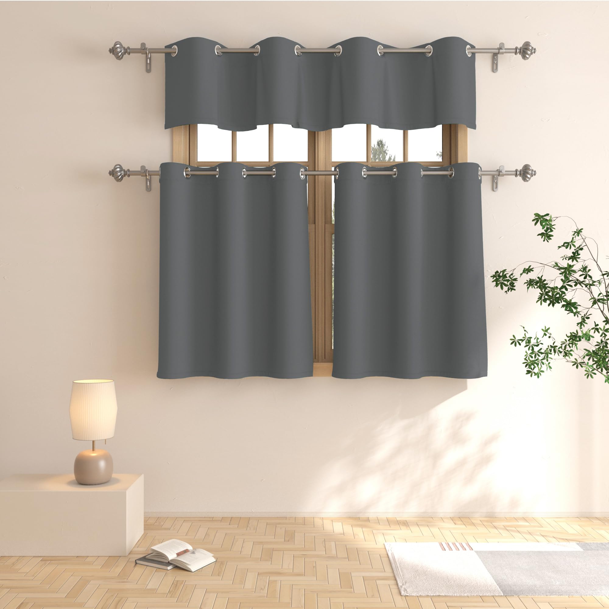 Gray Valance Curtains 16 inch - Room Darkening Kitchen Window Treatment, Triple Weave Grommet Top Valance for Living Room, Bedroom & Bathroom - 1 Panel Charcoal Grey Curtain for Small Windows | Perfect for Home Decor, Privacy & Light Control