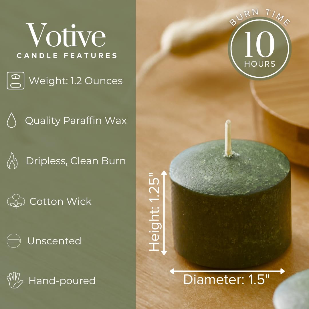 Simply Soson 24-Pack Dark Moss Green Unscented Votive Candles - 10 Hours Burn Time, No Glass - Perfect for Weddings, Birthdays, Holidays & Home Decor - Creates Cozy Ambiance for Dining, Relaxation & Romantic Settings