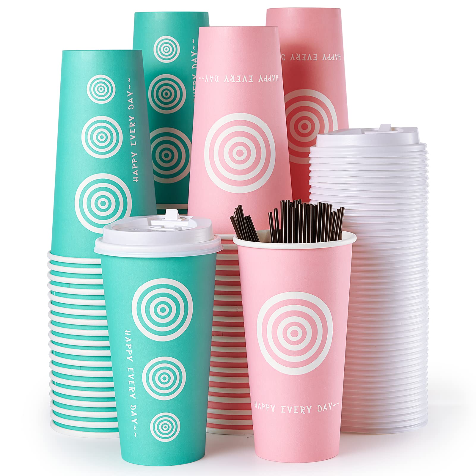 12 oz Disposable Paper Coffee Cups with Lids & Stirrers - 100 Pack Eco-Friendly Hot/Cold Drink Cups for Coffee, Tea, Juice - Perfect for Home, Office, Cafes & Takeout (Pink & Green)