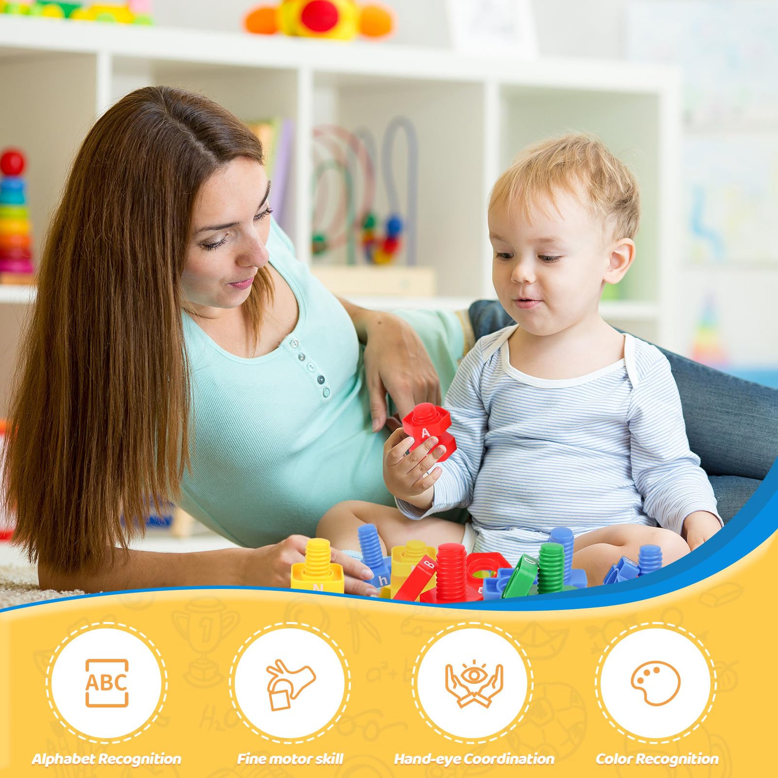 ABC Letters Matching Games - 52pcs Alphabet Learning Toy for Toddlers, Montessori Nuts & Bolts Fine Motor Skills Toys, Preschool Kindergarten Sorting Stacking Educational Activities | Perfect for Classroom, Homeschool & Early Childhood Development