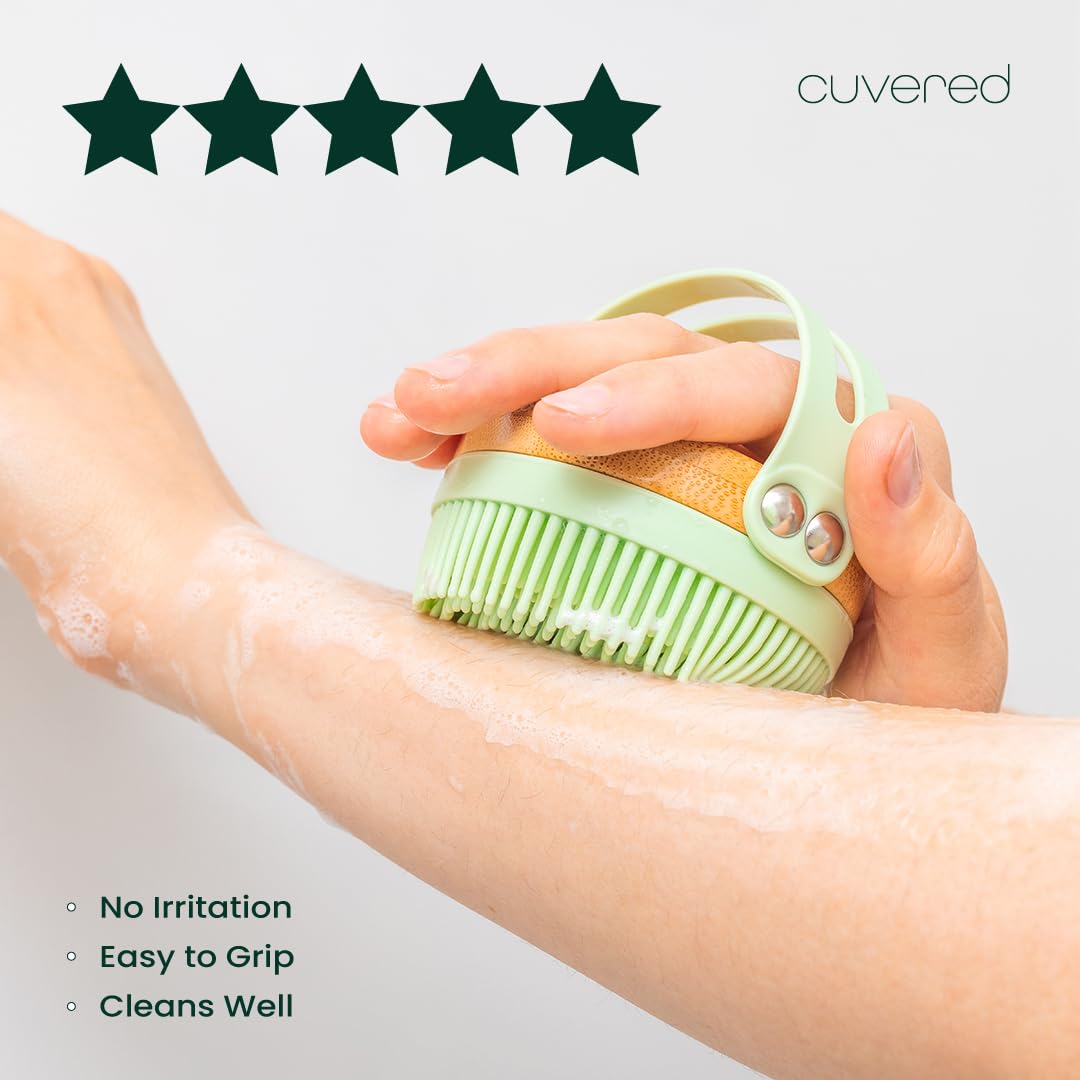 Premium Silicone Body Scrubber with Bamboo Base - Exfoliating Shower Brush & Loofah for Deep Cleansing - Ergonomic Bath Scrubber by Cuvered - Perfect for Sensitive Skin & Spa-Like Shower Experience
