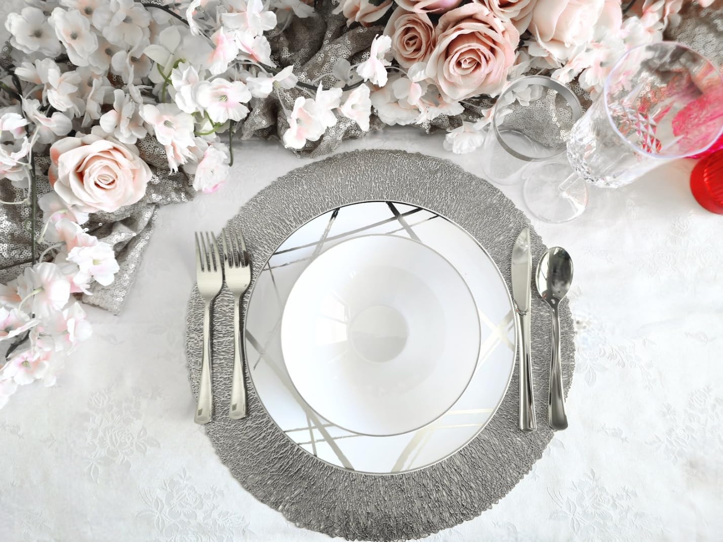 120-Piece Metallic Vinyl Placemats Set - Round Pressed Wedding Table Decor in Reef & Silver | Elegant Dining, Party Centerpiece, Holiday Table Setting