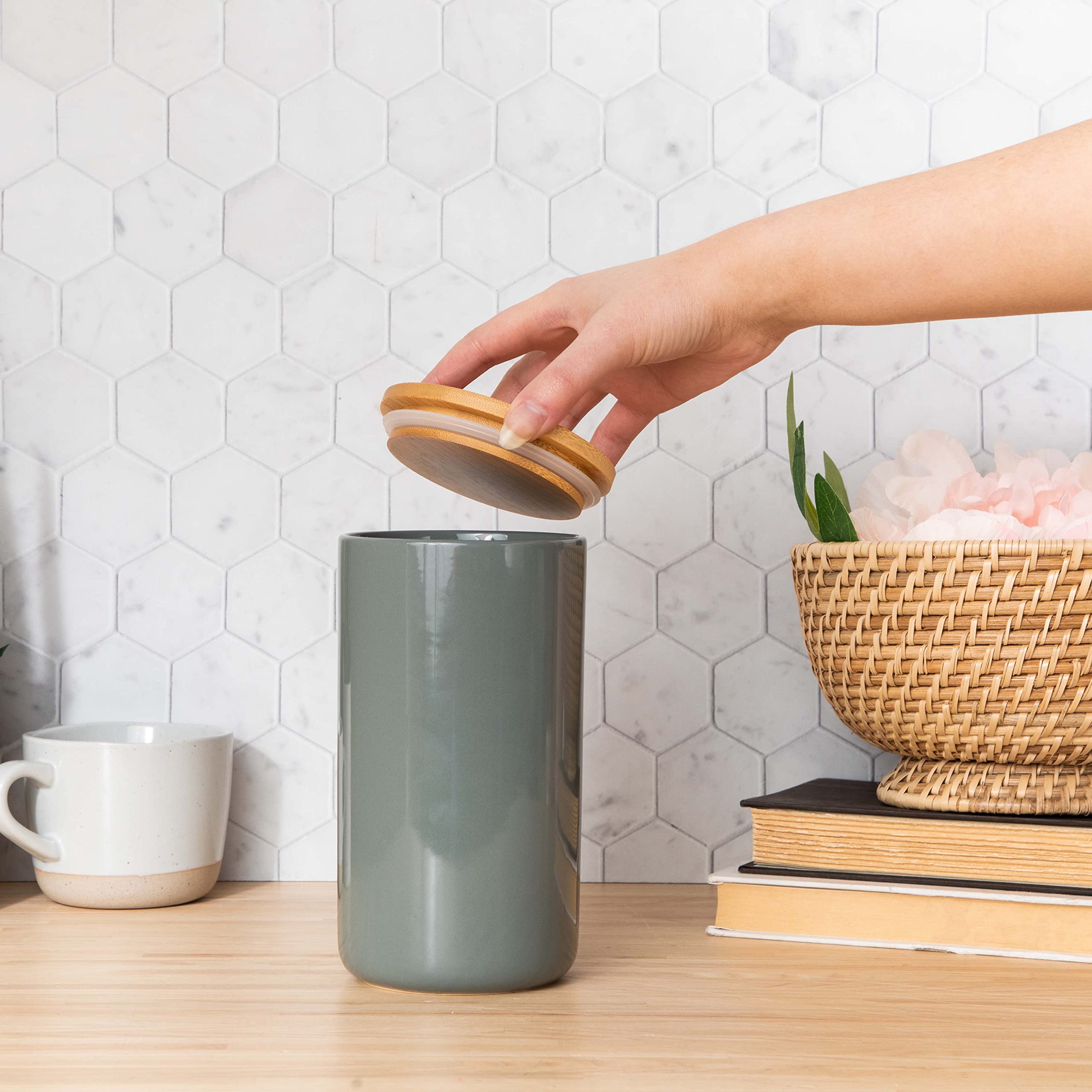Waggo Simple Solid Ceramic Cookie Jar & Pet Treat Storage - Airtight Modern Kitchen Canister with Lid for Cookies, Snacks, Dog Treats - Perfect for Pantry Organization & Countertop Display (Cloud Design)