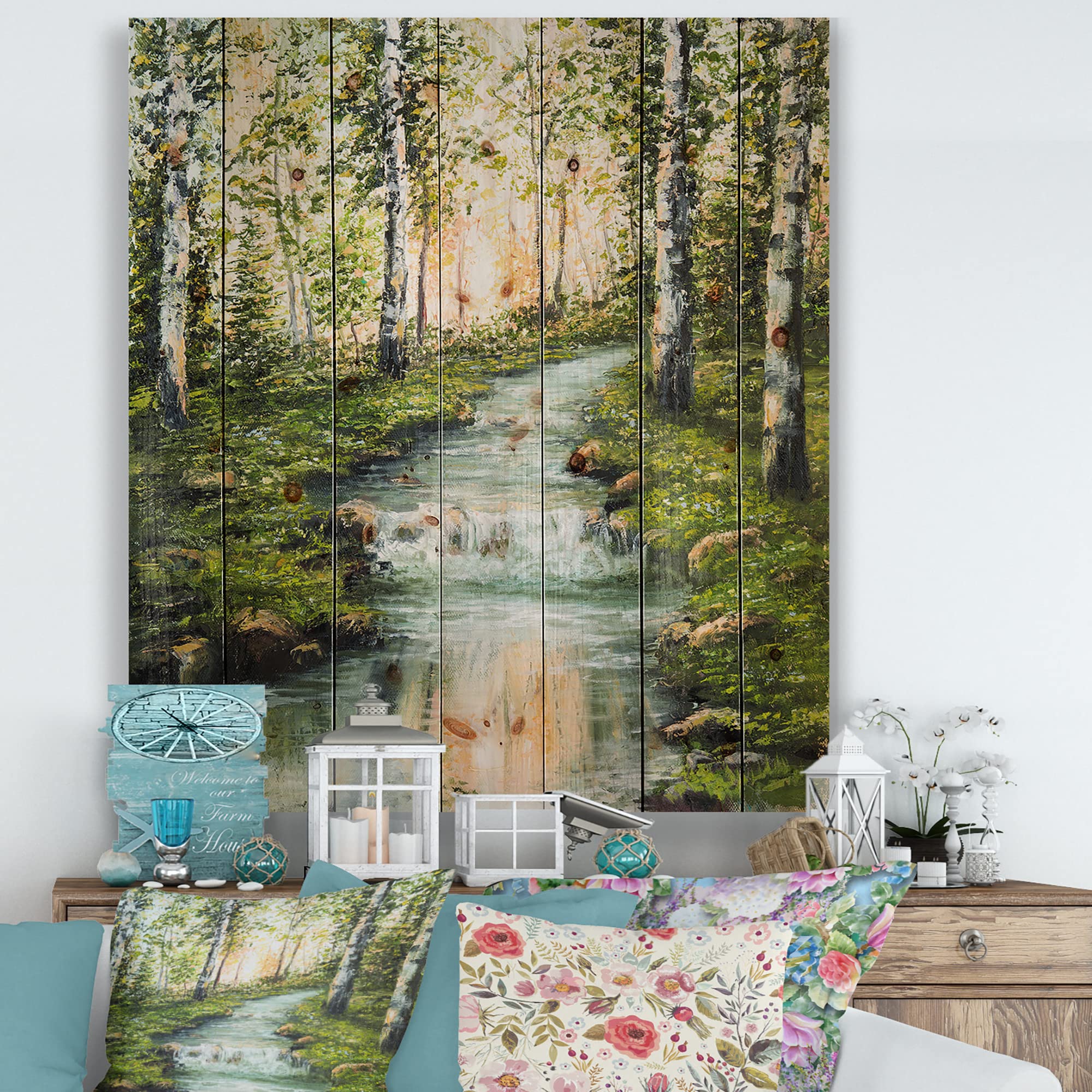 DesignQ River Through Birch Forest Lake House Wood Wall Decor - Green Wood Wall Art, Large Landscape Wood Panels Printed on Natural Pine - Perfect for Living Room, Bedroom & Office Decor