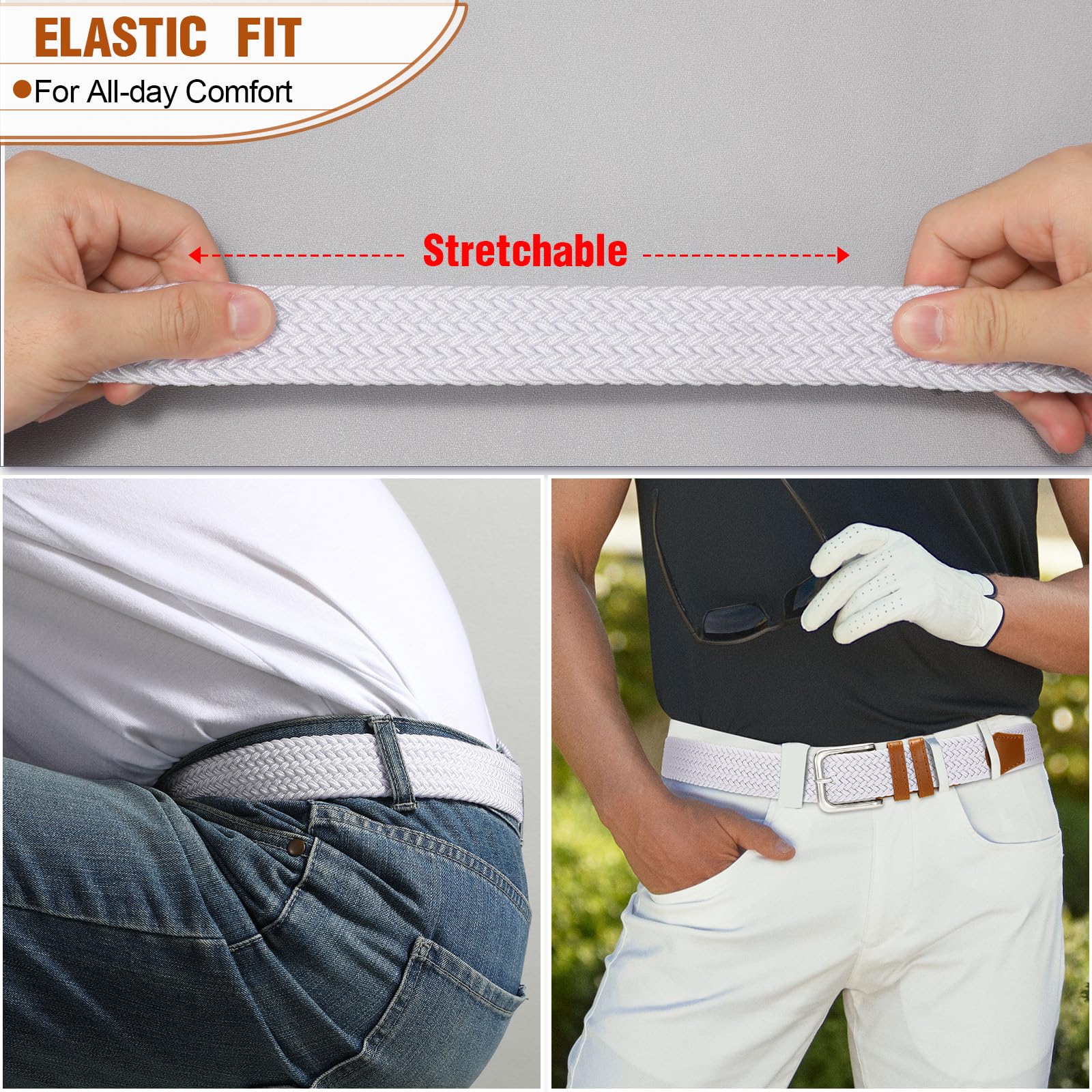 Men's Braided Stretch Belt - Adjustable Elastic Waistband for Golf Pants, Casual Shorts & Jeans | Comfortable & Stylish for Everyday Wear & Outdoor Activities