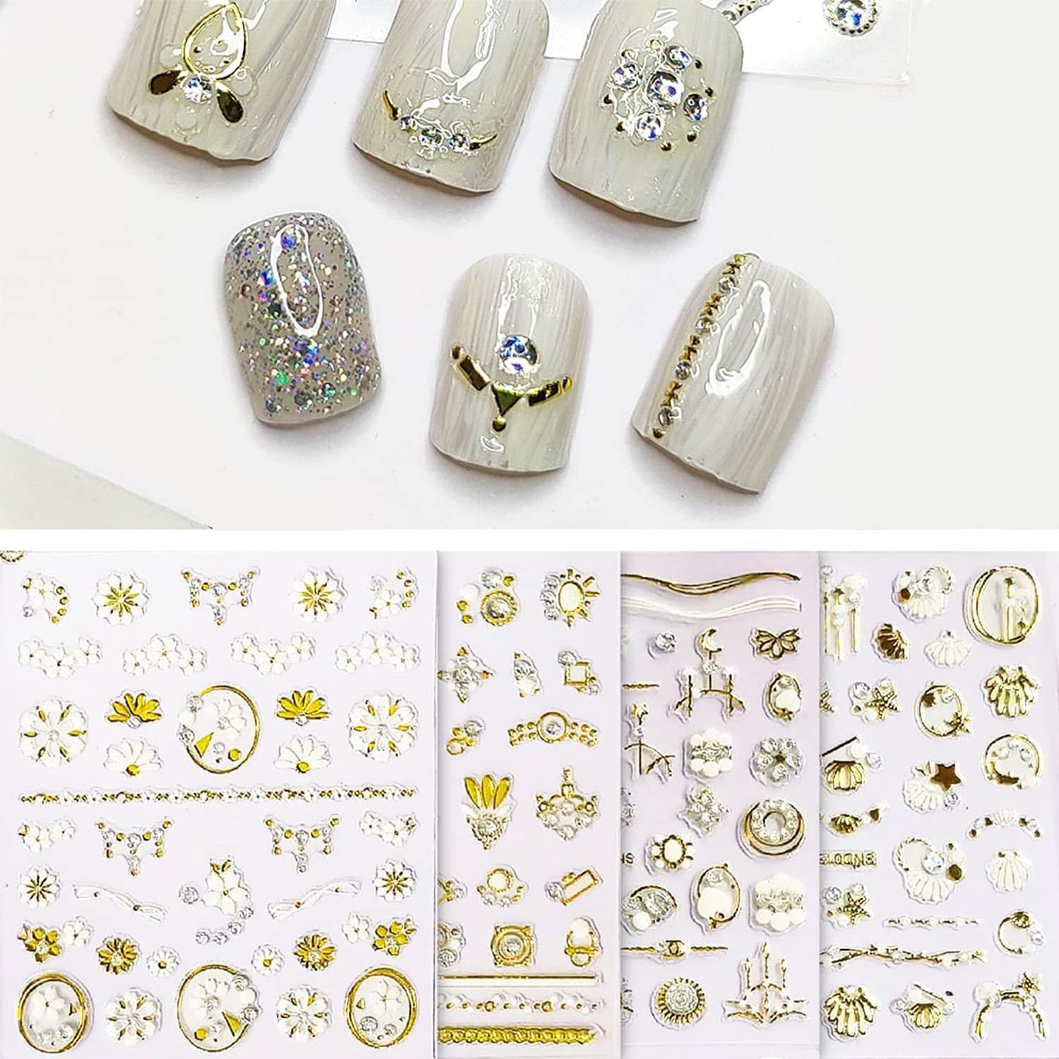 **JERCLITY 20 Sheets 3D Luxury Nail Art Stickers - Crystal Fake Diamond, Pearl, Star & Moon Designs, Gold Laser Nail Decals for Women - Self-Adhesive Nail Stickers for Parties, Weddings & Special Occasions**