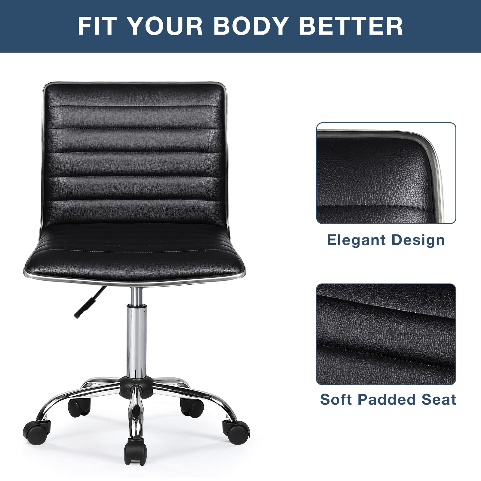 BOSSIN Adjustable Home Office Chair - Mid Back Armless Swivel Task Chair with Ribbed Design, Compact Vanity Chair for Small Spaces, Living Room, Makeup, Studying - Perfect for Home Office, Dorm Room & Beauty Station (Black)