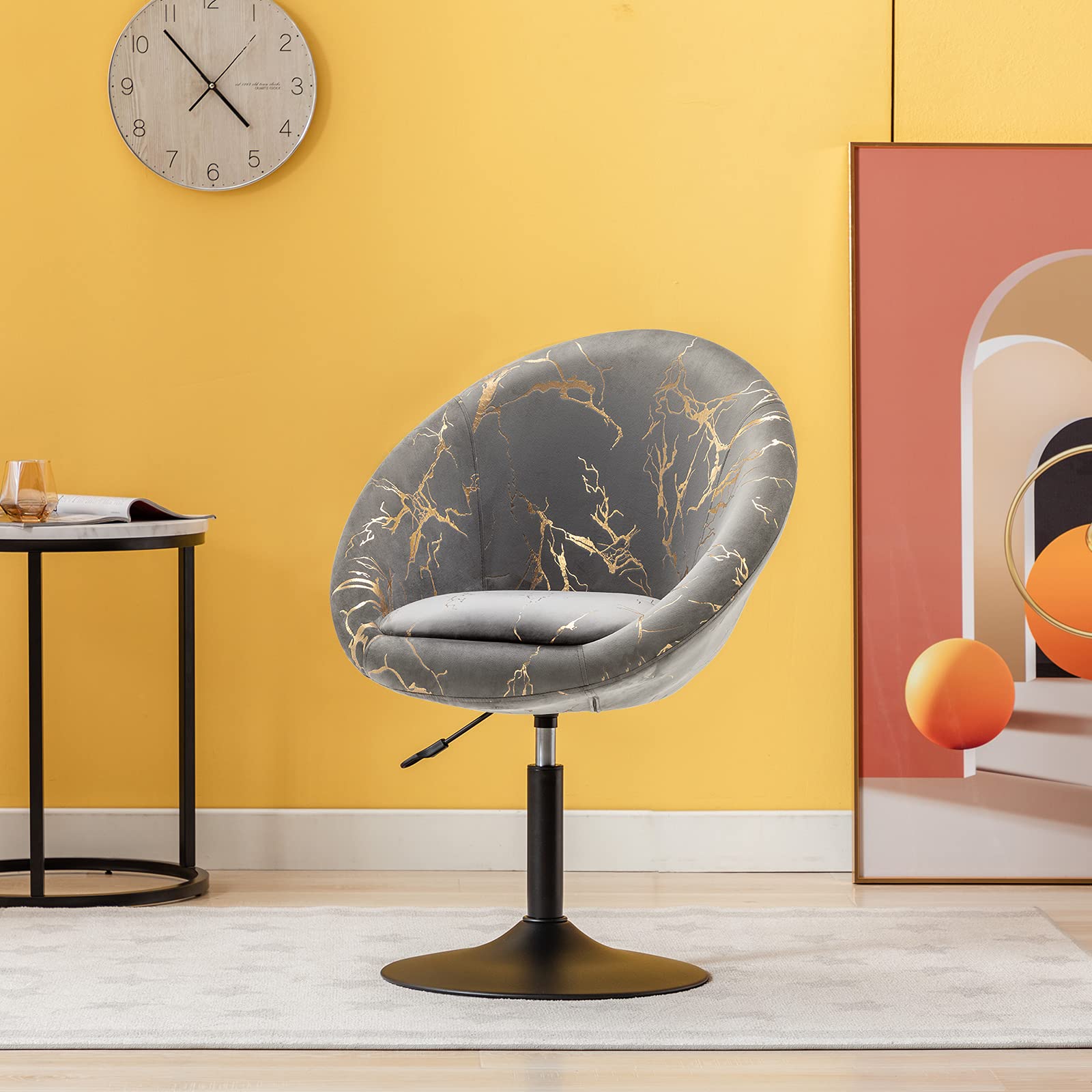Modern Accent Swivel Chair - Adjustable Height Upholstered Vanity Makeup Salon Chair with Bronzing Fabric for Living Room, Lounge, Pub & Home Office - Grey