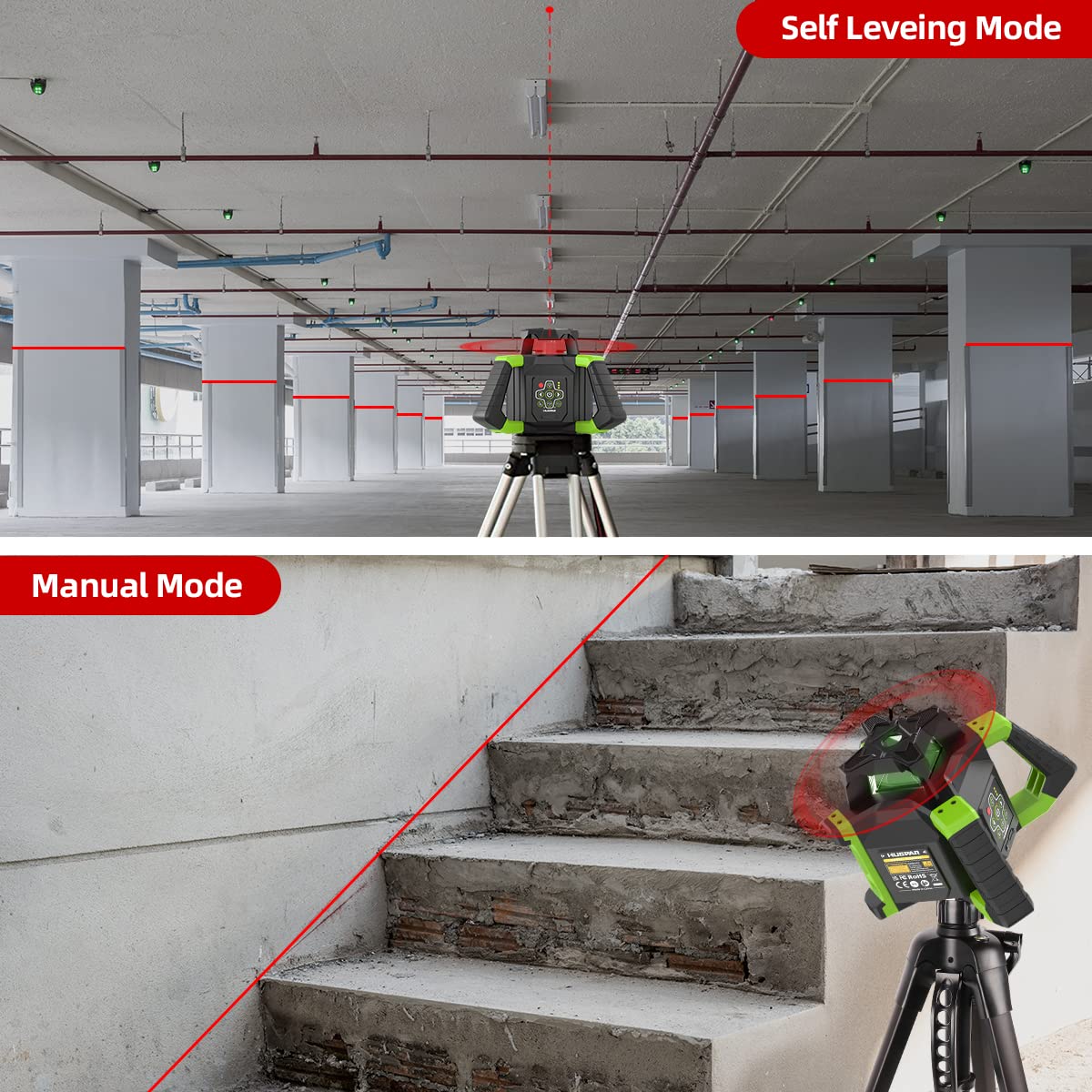 Huepar RL300HR Self-Leveling 360° Rotary Laser Level Kit with Receiver, Protective Glasses, Li-ion Battery & Hard Case - Horizontal Laser Beam for Indoor/Outdoor Construction, Flooring, Tile Installation & Landscaping Projects