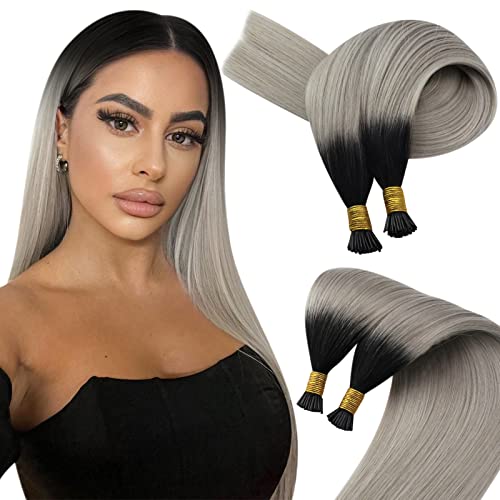 Sunny I-Tip Human Hair Extensions 14inch 50g 100 Strands - Ombre Black to Grey Silky Straight Remy Hair for Natural Look | Perfect for Daily Wear, Parties & Special Occasions