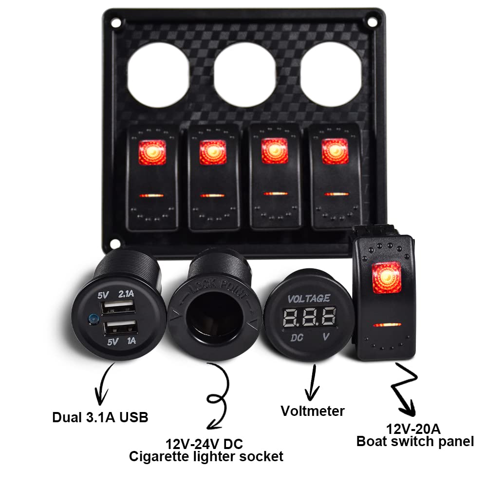 4 Gang Rocker Switch Panel with Dual 3.1A USB Ports & 12V Socket - Waterproof Rubber Panel with LED Voltmeter for Car, Boat, Truck - Perfect for Marine, RV & Off-Road Vehicle Electrical Systems