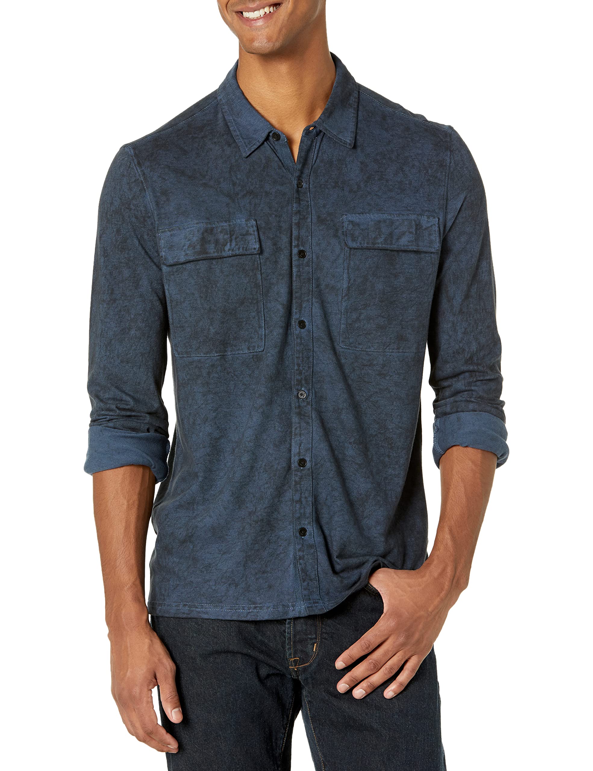 John Varvatos Star USA Men's Fenway Long Sleeve Shirt with Chest Pockets - Carbon Wash Distressed Denim Look - Casual Wear & Street Style Fashion