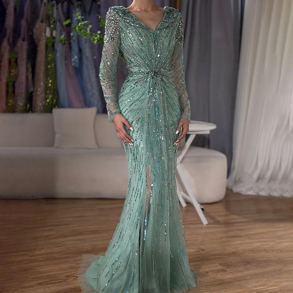 Luxury Designer Arabic Turquoise Mermaid Evening Gown with High Slit - LA72007 for Prom, Wedding, and Formal Events