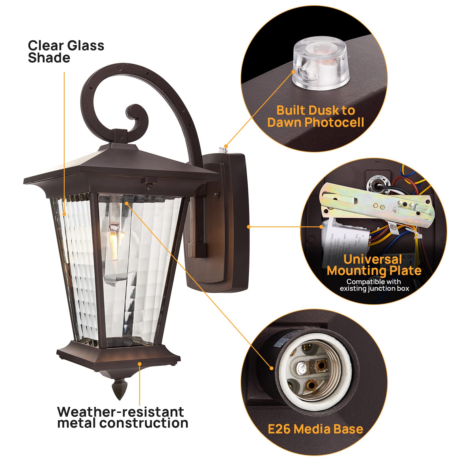Outdoor Wall Lights with Dusk to Dawn Sensor, LED Bulb, Christmas & Garden Decor, Simple Style E26 Wall Sconce - Automatic On/Off for Balcony, Courtyard, Cafe, Aisle | Perfect for Patio, Pathway & Outdoor Entertaining Areas