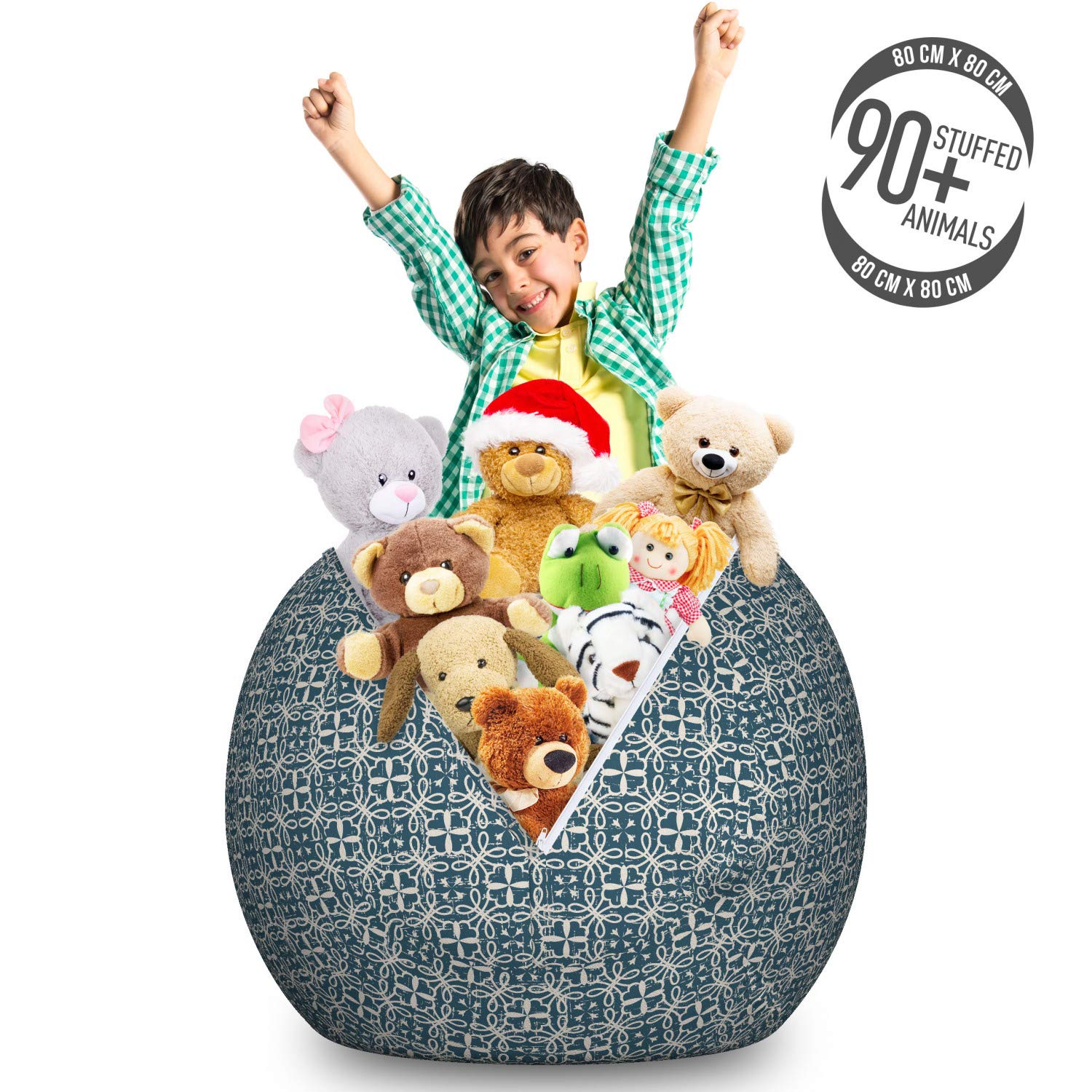 Ambesonne Vintage Toy Storage Bag Chair - Large Washable Stuffed Animal Organizer with Antique Petal & Curlicue Motifs in Dark Teal Eggshell - Perfect for Kids' Room, Nursery & Playroom Organization