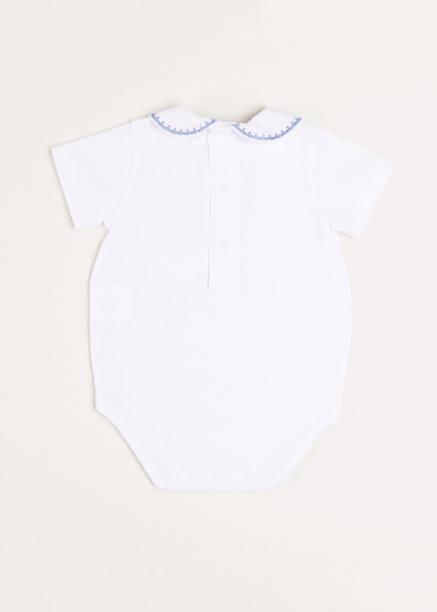 Blue Peter Pan Collar Embroidered Baby Bodysuit - Short Sleeve Romper for Boys & Girls (3 Months to 3 Years) | Perfect for Photoshoots, Parties & Everyday Wear