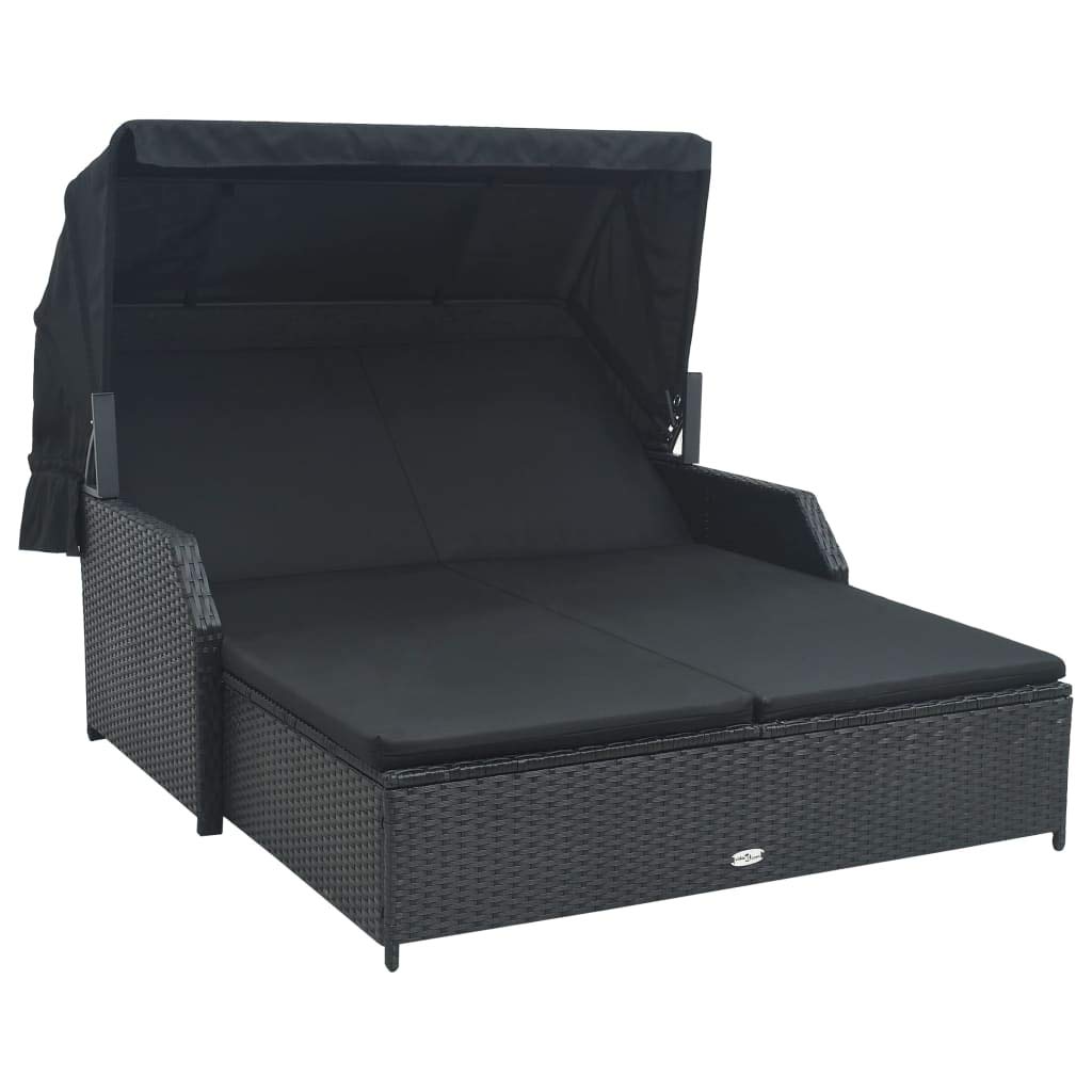 Outdoor Rattan Wicker Sofa Set with Retractable Sun Canopy & Cushions - Adjustable Sun Lounger, Chaise Lounge Chair for Patio, Garden, Backyard, Poolside - 78.7