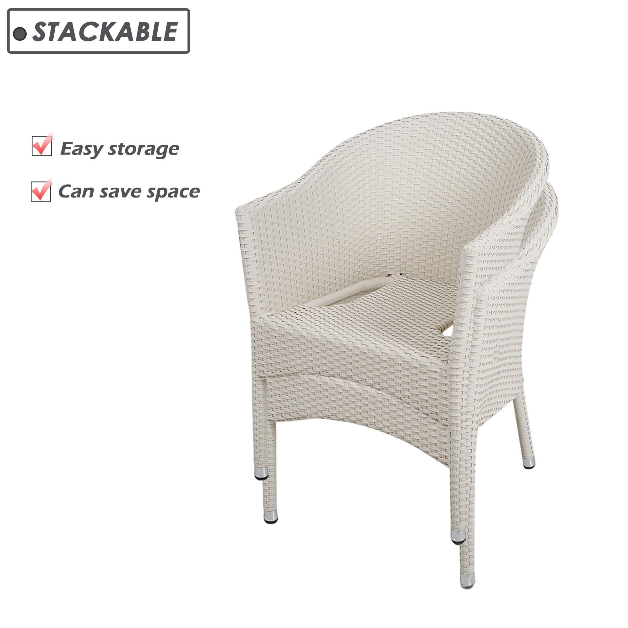 LUCKYERMORE Outdoor Wicker Dining Chairs with Soft Cushions - Patio, Garden, Lawn Furniture - Stackable Rattan Arm Chairs in White for Backyard, Poolside & Restaurant Use