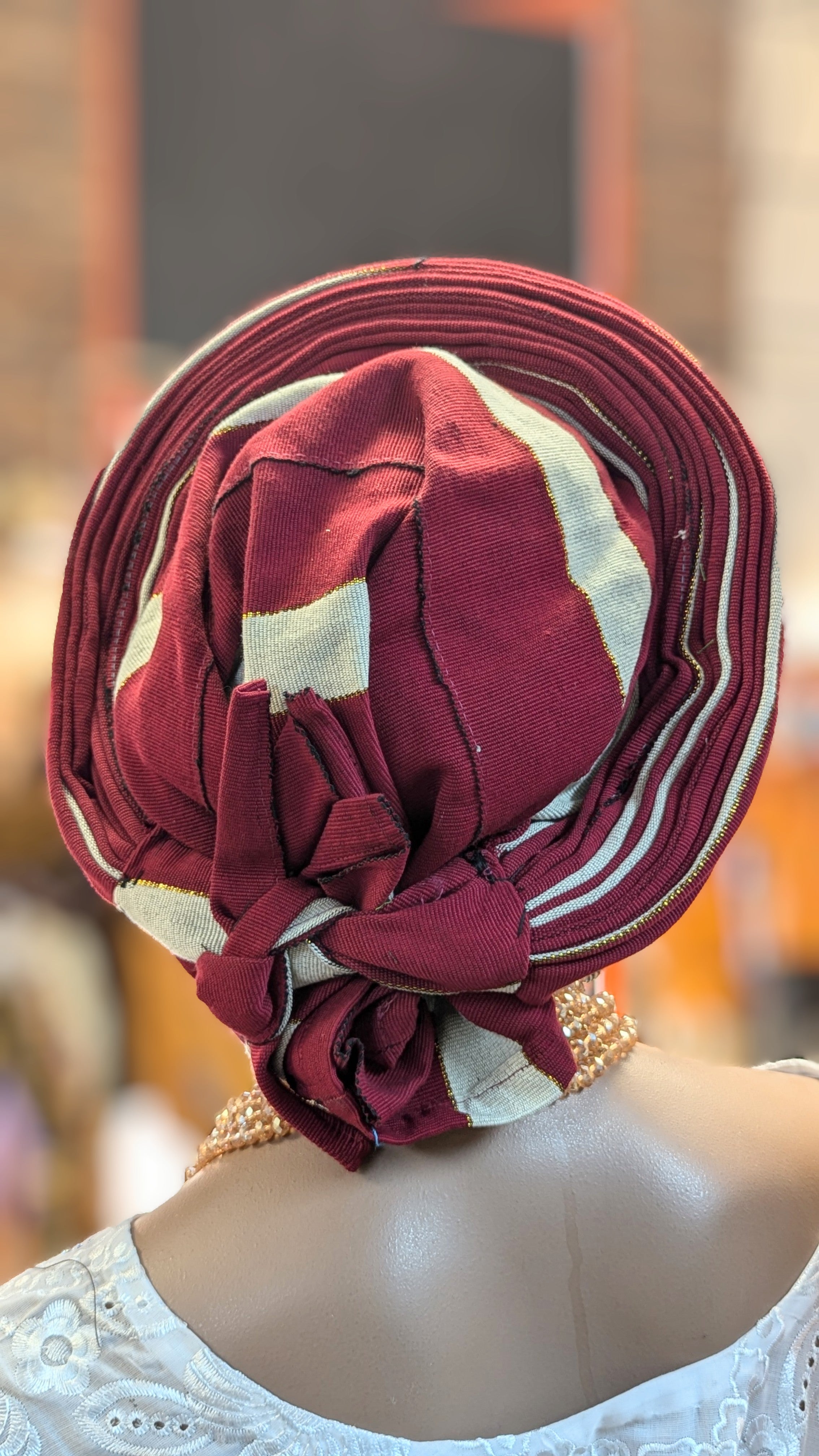 Dupsie's Pre-Tied Burgundy Aso Oke Gele Head Wrap Hat - Ready-to-Wear African Headpiece for Weddings, Parties & Special Occasions - DPAGARBG4