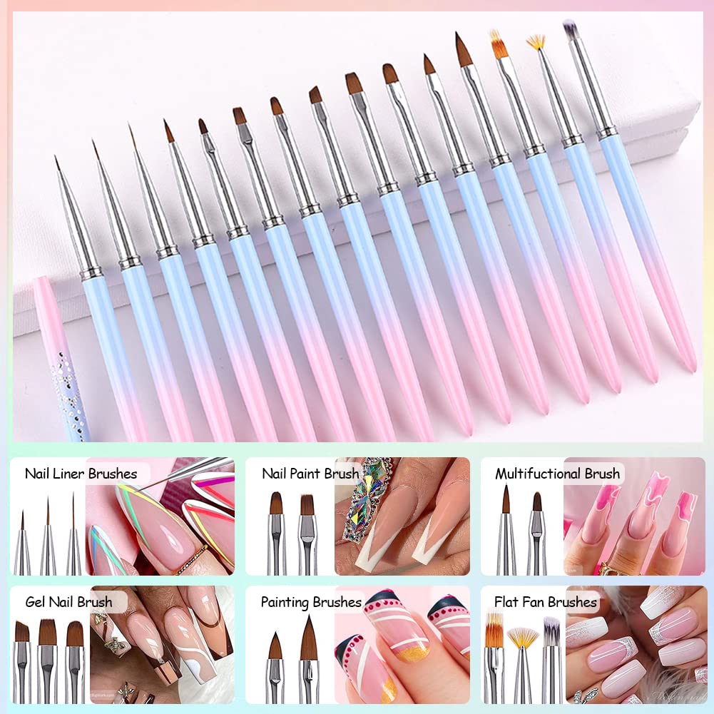 15-Piece Professional Nail Art Brush Set for Gel Polish - Nail Art Design Brushes, Liner Brush & Nail Pen Kit - Perfect for Salon, Home DIY Manicure & Nail Art Enthusiasts