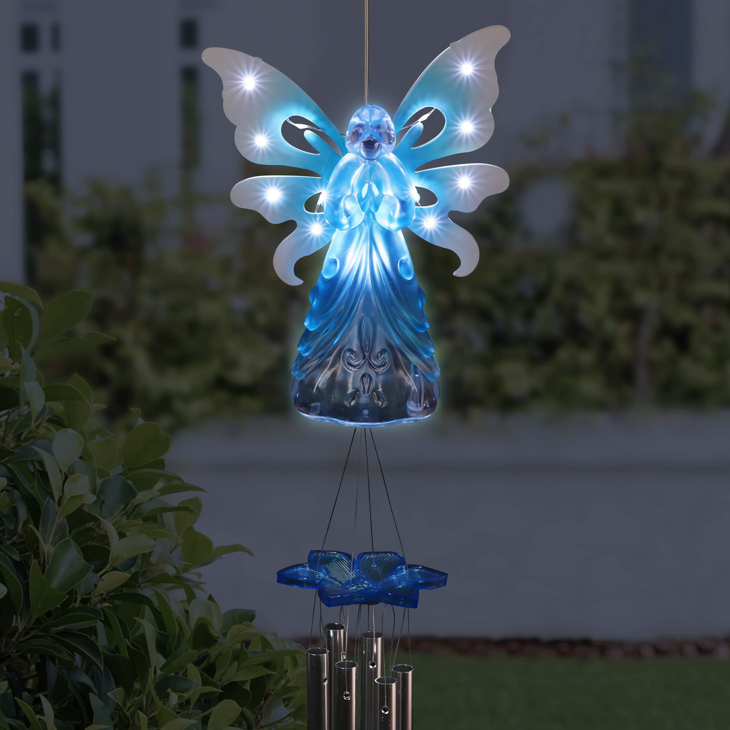 Exhart Solar-Powered Angel Wind Chime with LED Firefly Lights - Blue Acrylic Metal Wings for Outdoor Lawn & Yard Decoration (6.5 x 4 x 42 Inch) - Perfect for Garden, Patio, Porch & Backyard Ambiance