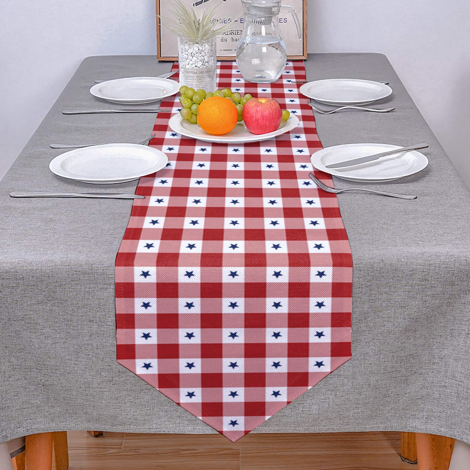 LooPoP 4th of July Table Runner - 72 Inch Cotton Linen Patriotic American Flag Table Decor for Independence Day, Weddings, Dining & Farmhouse Style - Red White Blue Theme for Party, Picnic & Holiday Celebrations