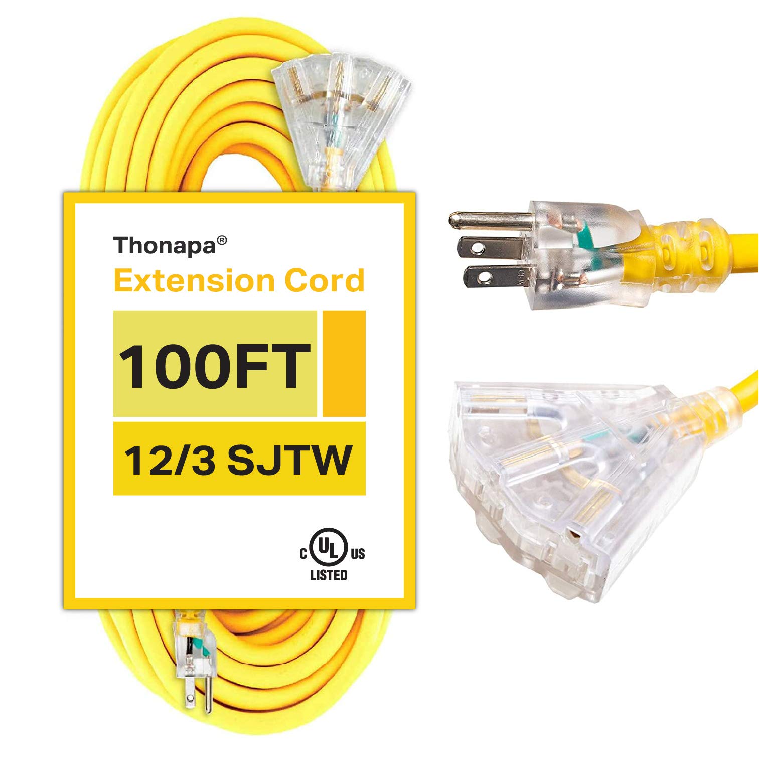**100 ft Heavy Duty 12 Gauge 15 Amp Outdoor Extension Cord with 3 Outlets & Light - SJTW Yellow - Ideal for Power Tools, Garden Equipment, and Major Appliances - Perfect for Construction, Landscaping, and Outdoor Events**