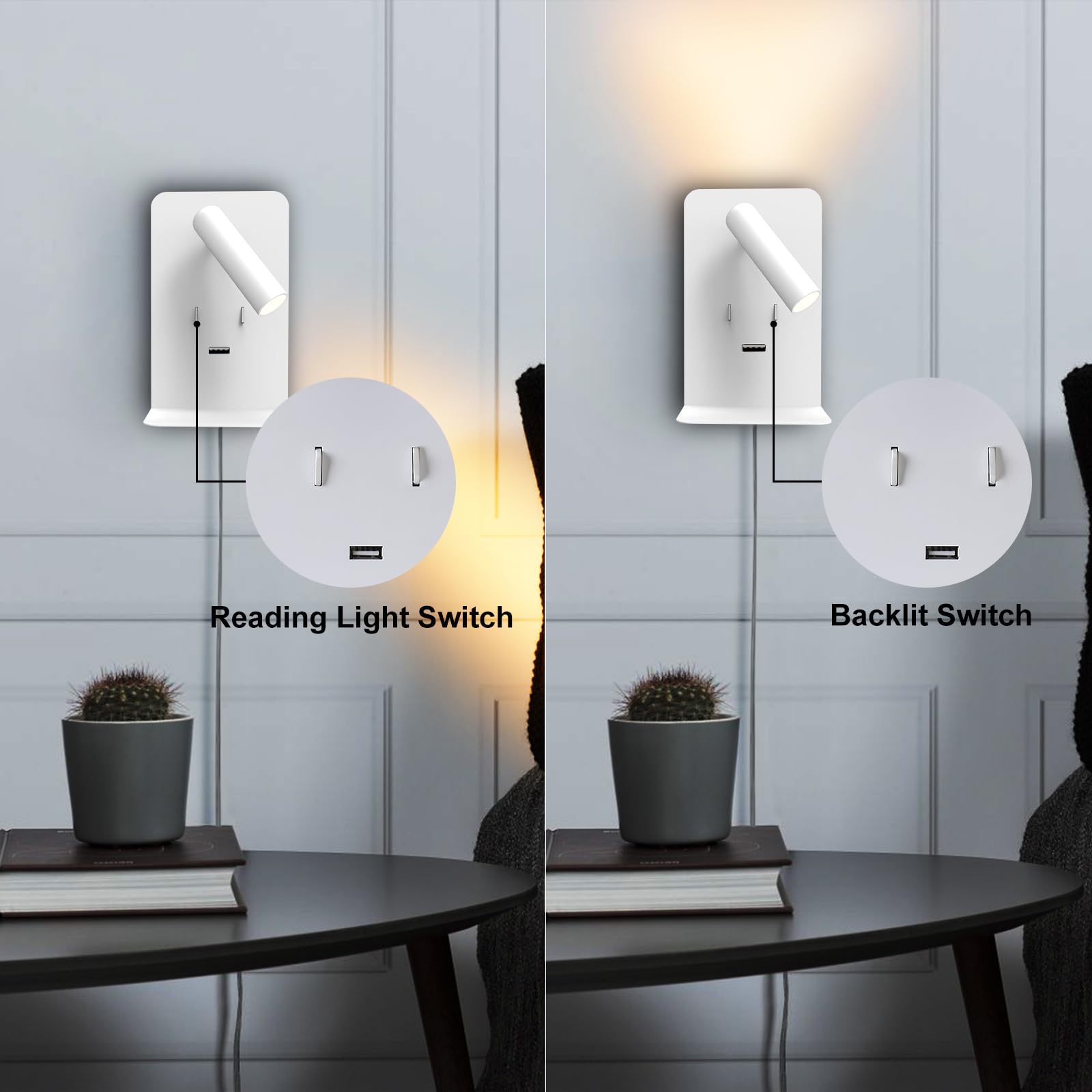 ZEROUNO Plug-in Wall Sconces Set of 2 - Adjustable Bedside Reading Lights with USB Port & Shelf - Modern Wall Mounted Lamps for Bedroom, Living Room, and Office - Perfect for Reading, Working, and Ambient Lighting