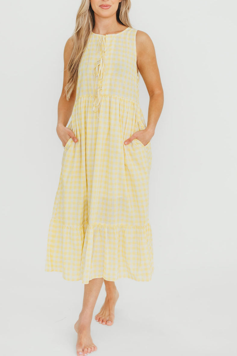 Alana Gingham Ribbon Detail Midi Dress in Butter Yellow - Floral Summer Dress for Women, Casual & Party Wear, Perfect for Beach, Brunch and Date Nights