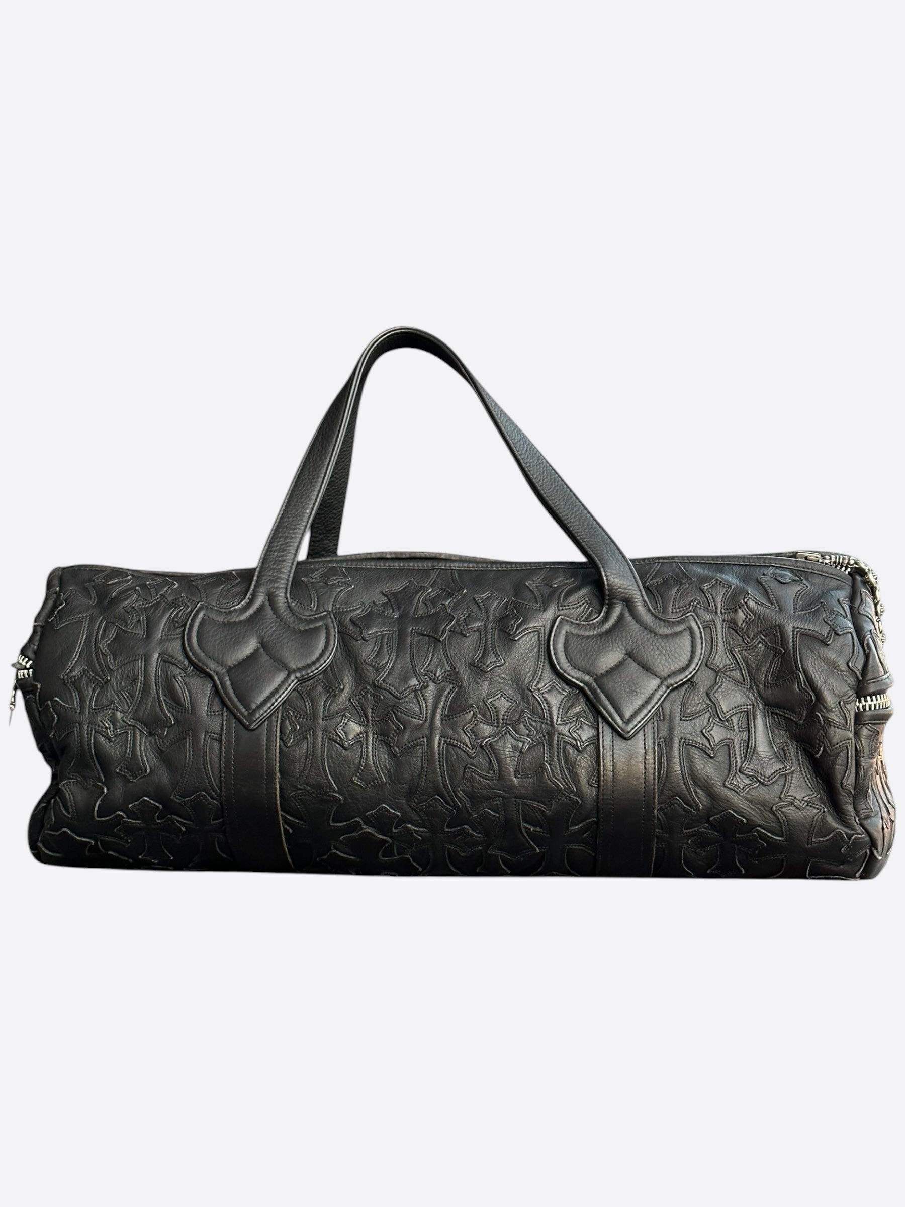 Chrome Hearts Black Leather Cross Patch Duffel Bag for Travel & Gym - Stylish Designer Weekender Bag for Men & Women