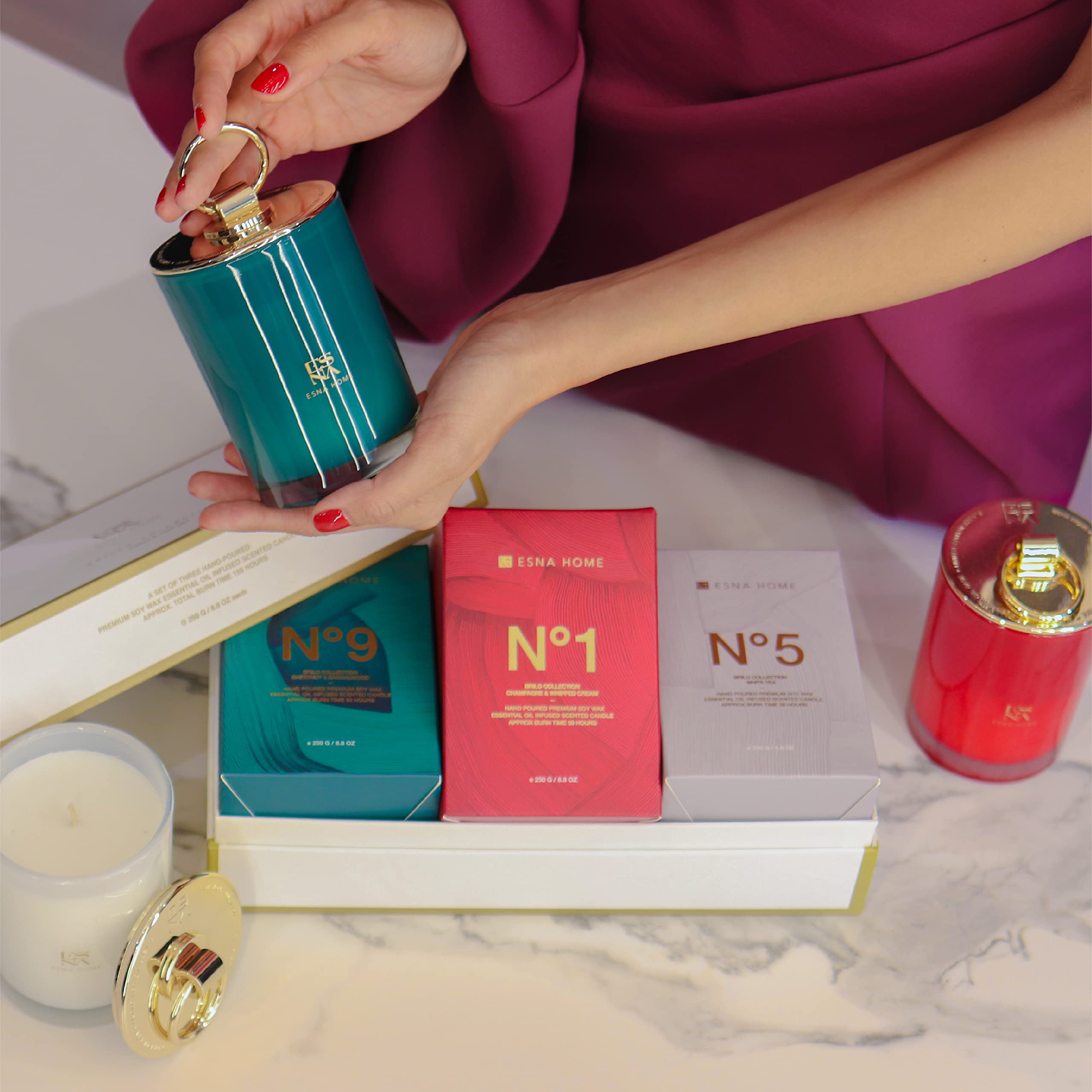 ESNA HOME Luxury Trio Gift Set - 3 Full-Size Aromatherapy Soy Candles | All Natural Scented Candles with 150-Hour Clean Burn | Perfect Holiday Gift Set in Hand-Sealed Box & Matching Sleeve | Ideal for Home Relaxation, Spa Nights & Thoughtful Gifting