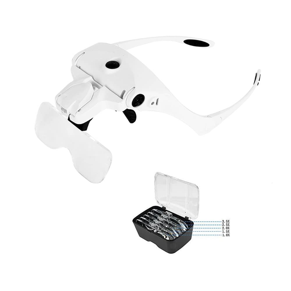Rechargeable LED Headband Magnifier Glasses - 5 Interchangeable Lenses (1.5X, 2.0X, 2.5X, 3.5X) with Bright Light for Jewelry Making, Watch Repair & Crafts