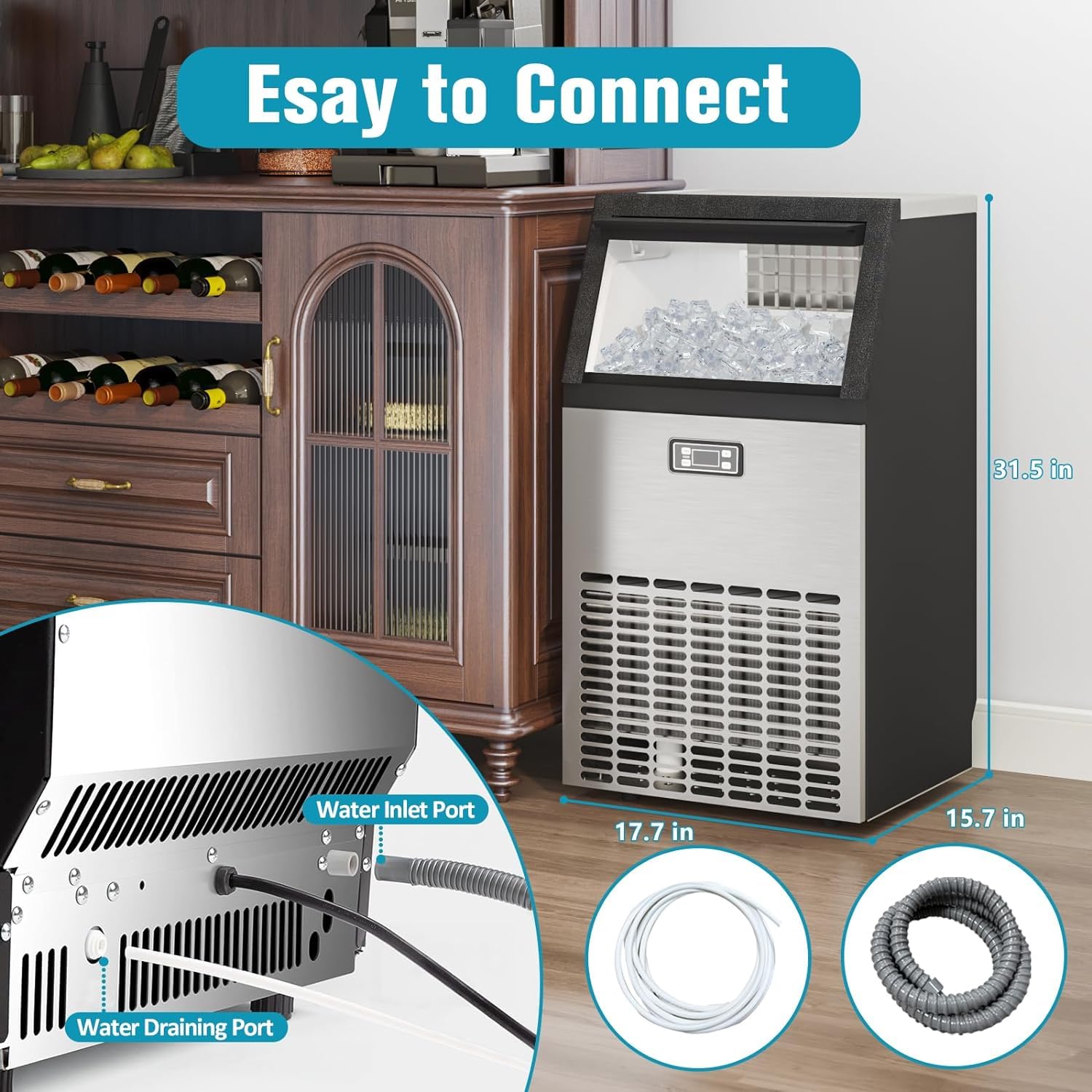 120lbs/24H Commercial Ice Maker Machine - Stainless Steel Under Counter Ice Maker with 33lbs Storage, 48 Cubes/11mins, Self-Cleaning - Perfect for Restaurants, Bars, Hotels, and Home Use
