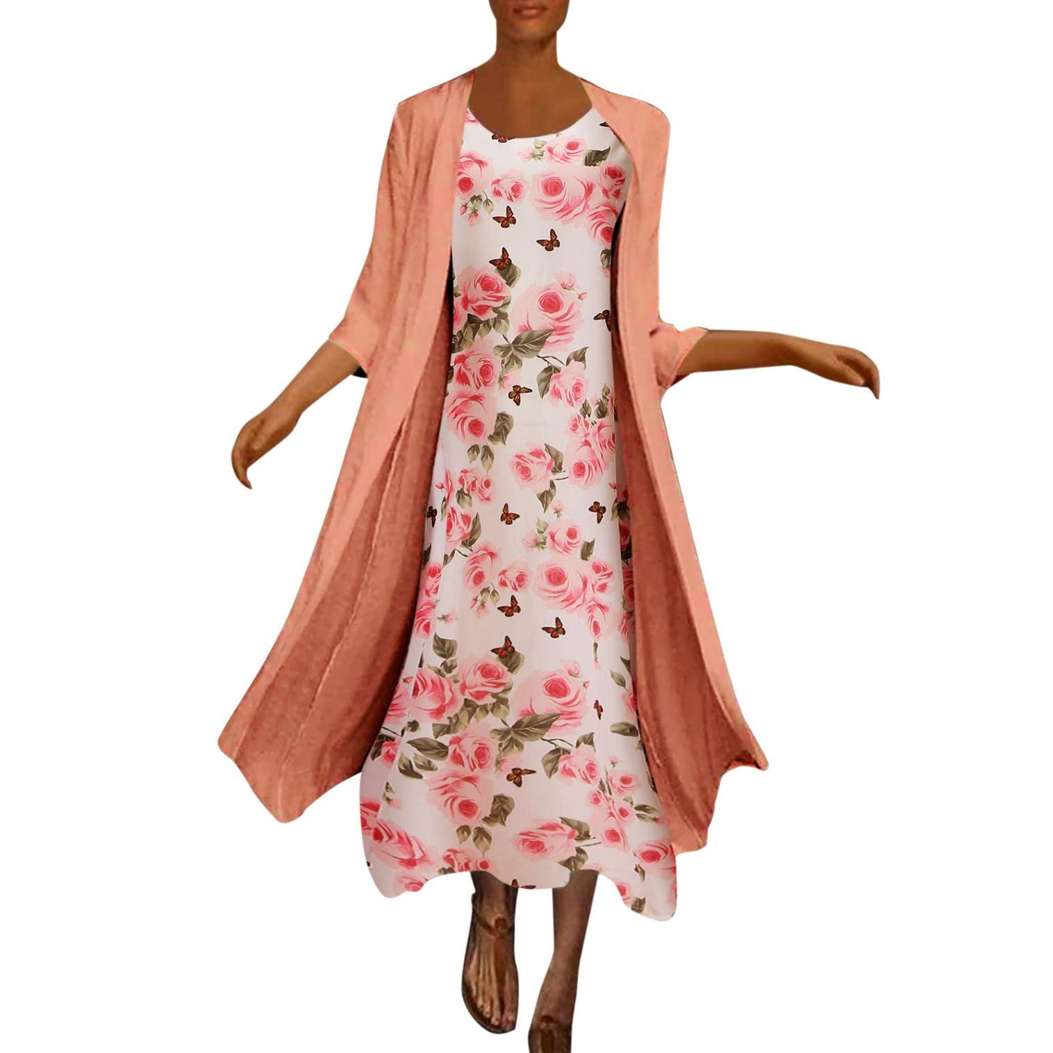 Elegant Chiffon Two-Piece Cardigan Dress for Women - Loose Fit Trendy Printed Dress for Wedding Guest, Party, and Special Occasions