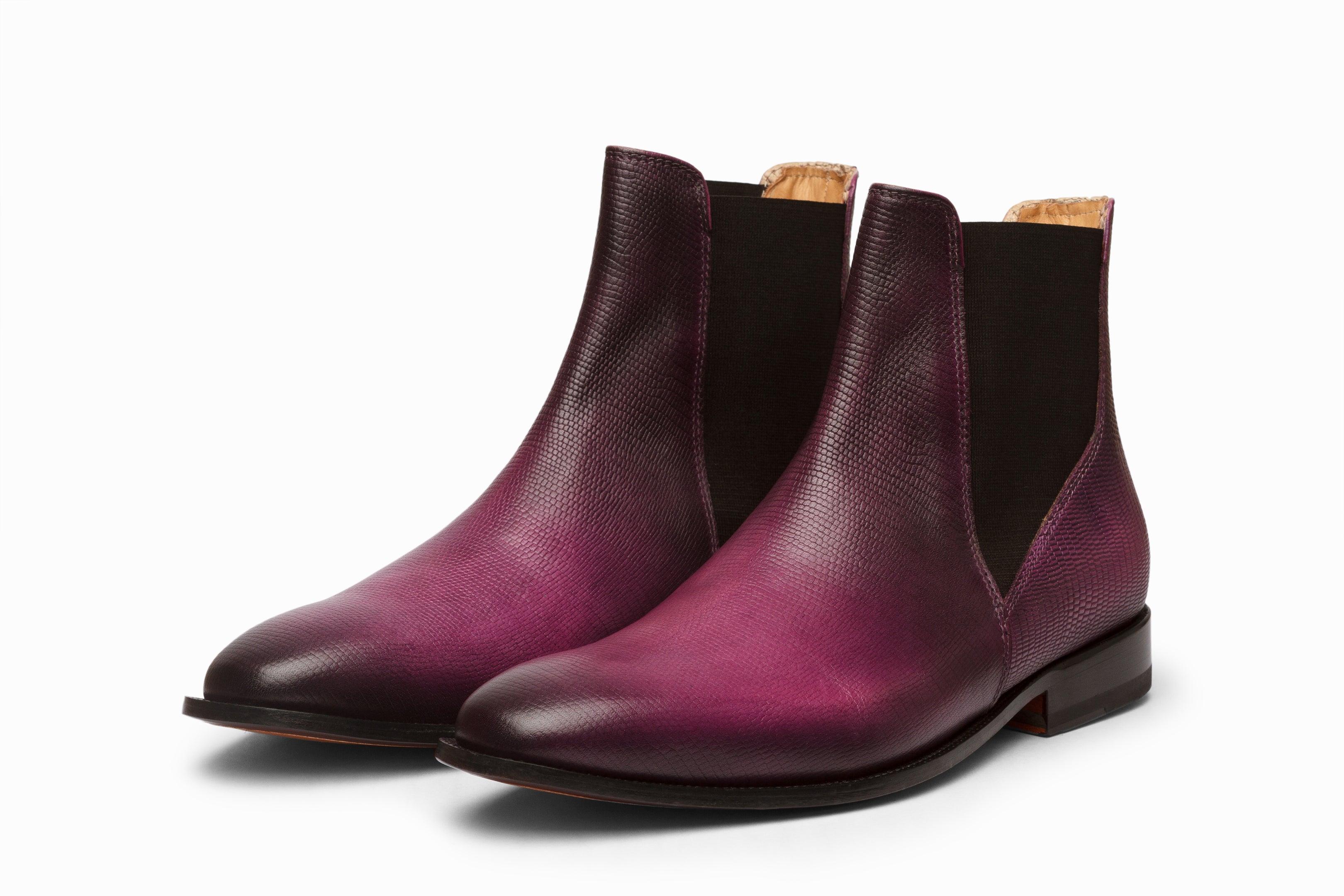Lizard Skin Print Chelsea Boots for Women - Stylish Purple Patina Ankle Boots for Casual Outfits & Night Out