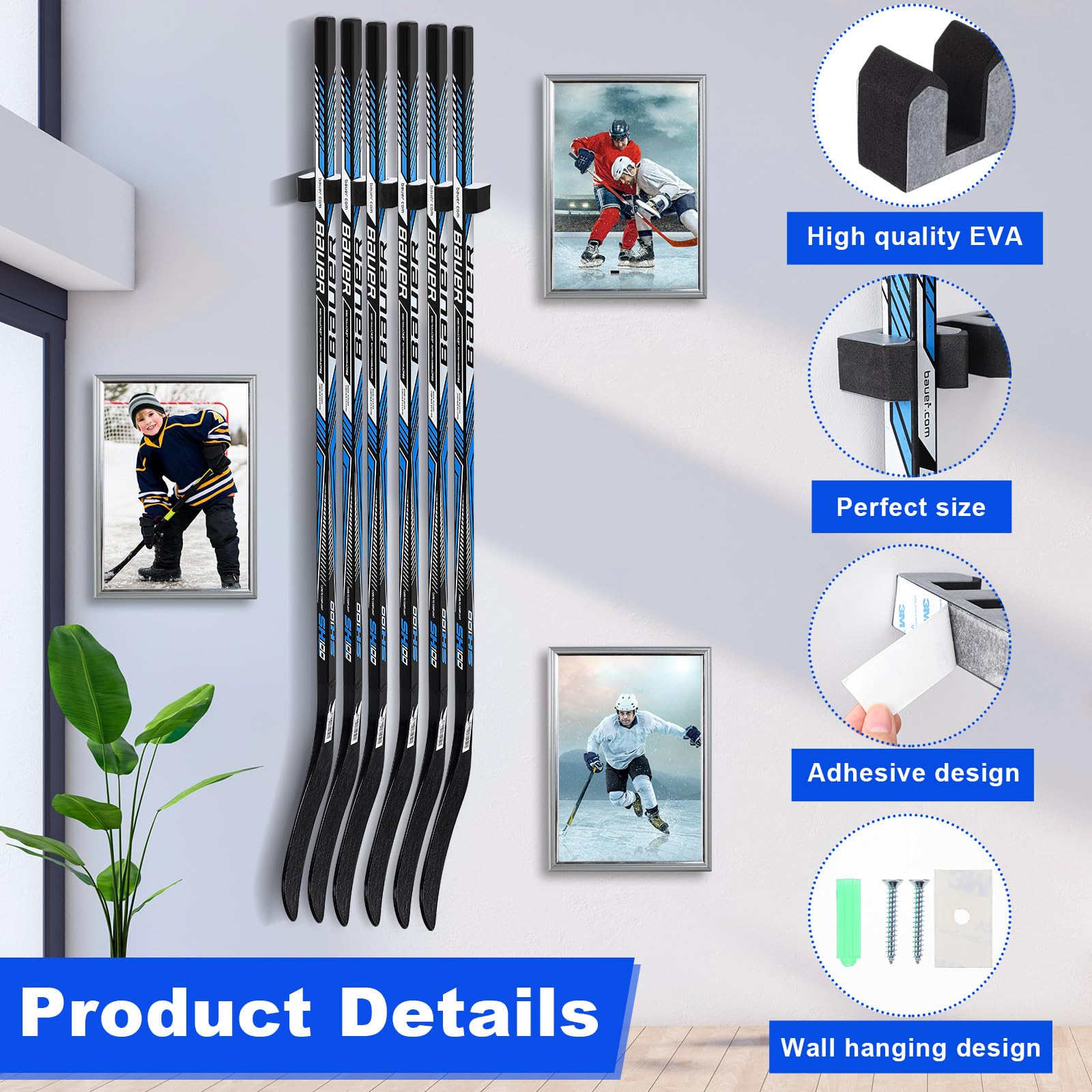 Yousoontic Wall Mount Hockey Stick Holder - Organizer for 1, 2, 3, 4 or 6 Ice Hockey Sticks - Space Saving Storage Solution for Home, Office, Garage or Hockey Room - Perfect for Displaying and Organizing Hockey Equipment