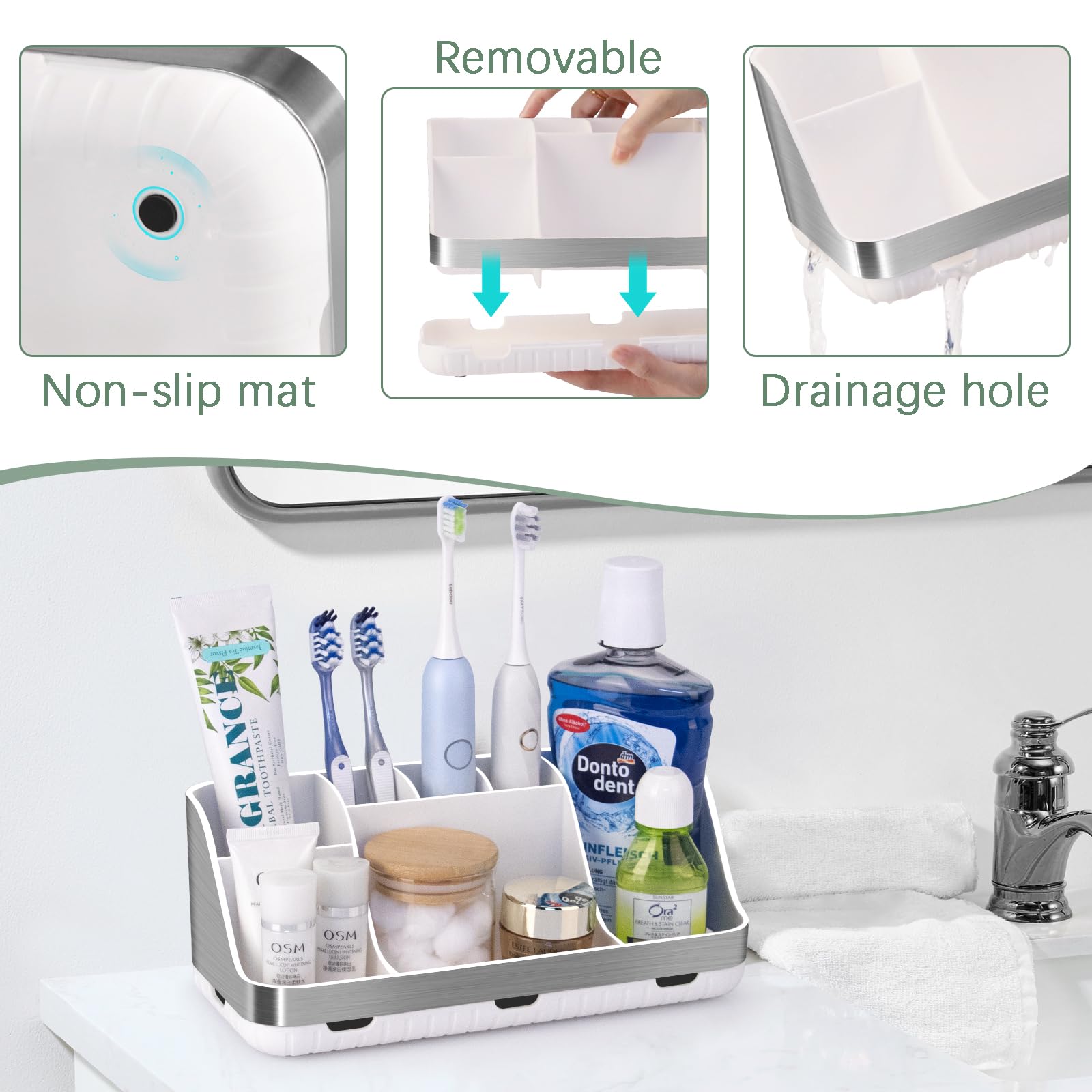 Silver Toothbrush Holder - 7 Slot Bathroom Organizer for Kids & Electric Toothbrushes | Countertop Storage Solution