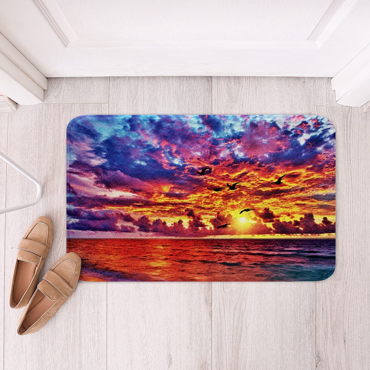 Erosebridal Non-Slip Bath Mat - 16x24 Inch Coastal Sunset Shower Rug with Ocean Wave Design, Pink Cloud Bathroom Carpet for Kids Teens Adults - Perfect for Beach Themed Decor, Bathroom Safety & Bedroom Floor Mats