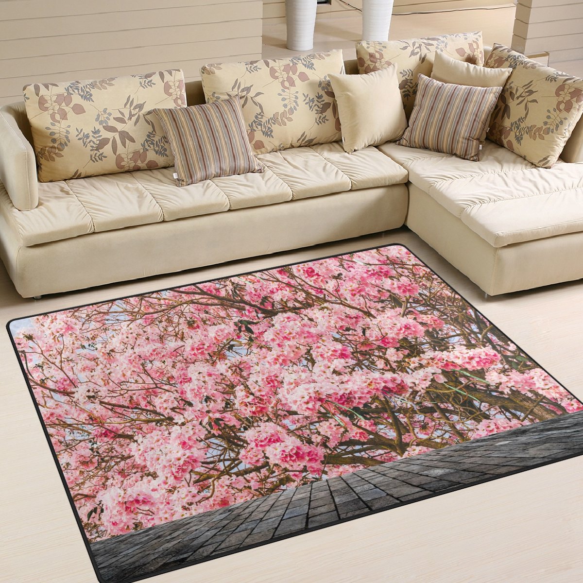 ALAZA Vintage Stone Wash Cherry Blossom Print Non-Slip Area Rug 5'3